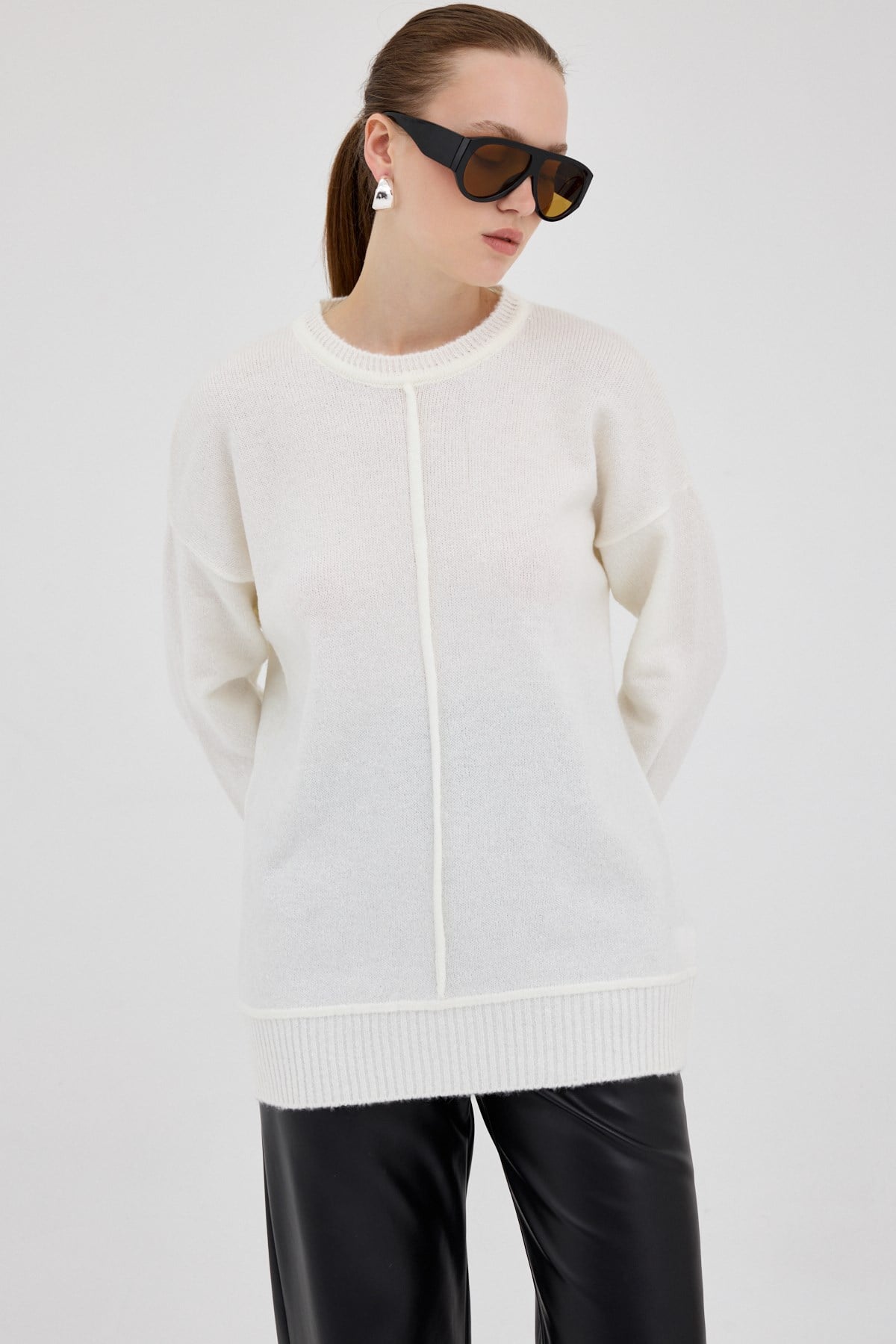 Natural Oversize Bisiklet Yaka Kadın Kazak 2345
