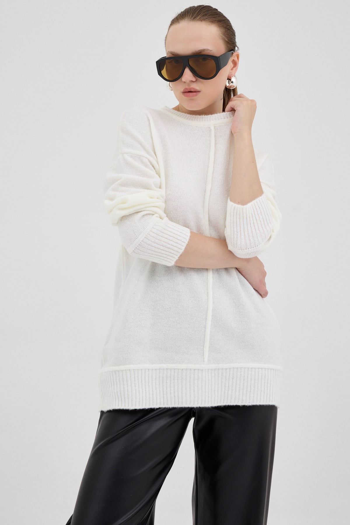 Natural Oversize Bisiklet Yaka Kadın Kazak 2345