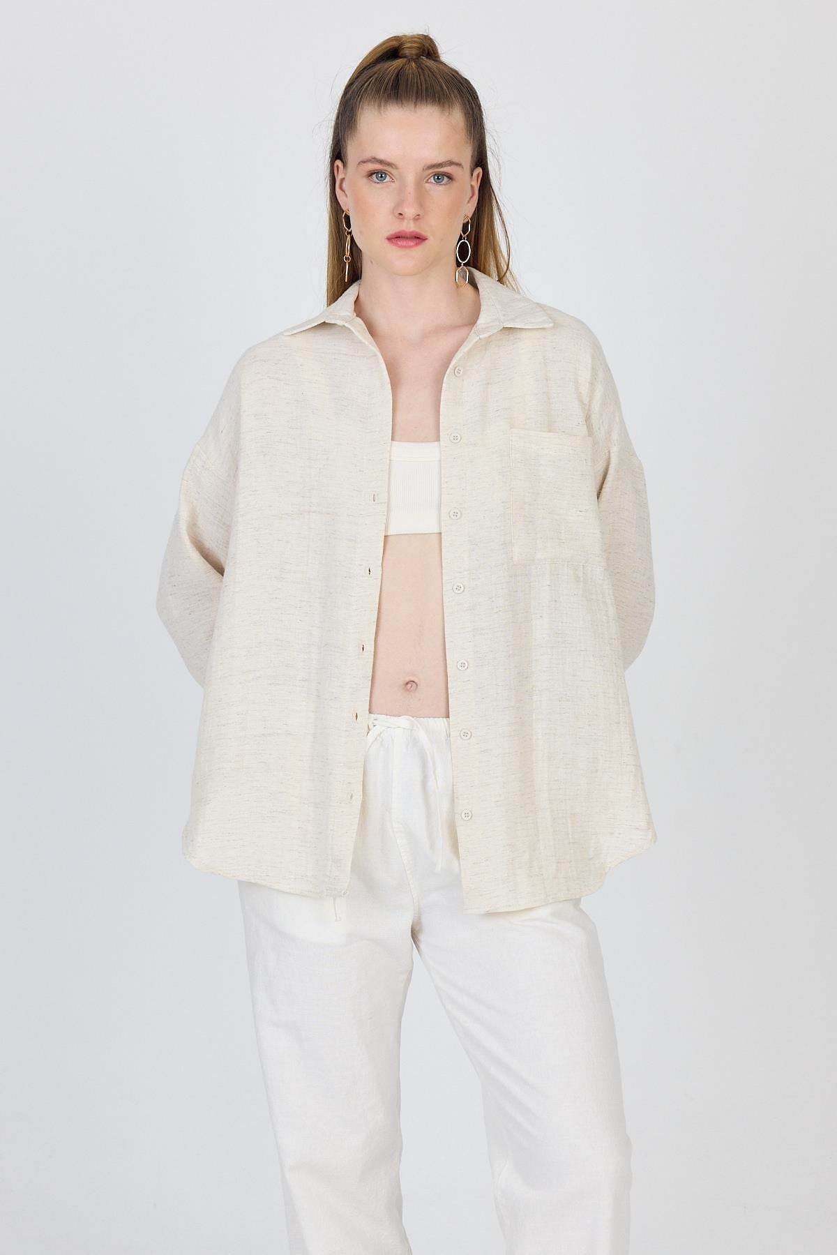 Natural Tek Cepli %100 Pamuk Oversize Gömlek 4706A