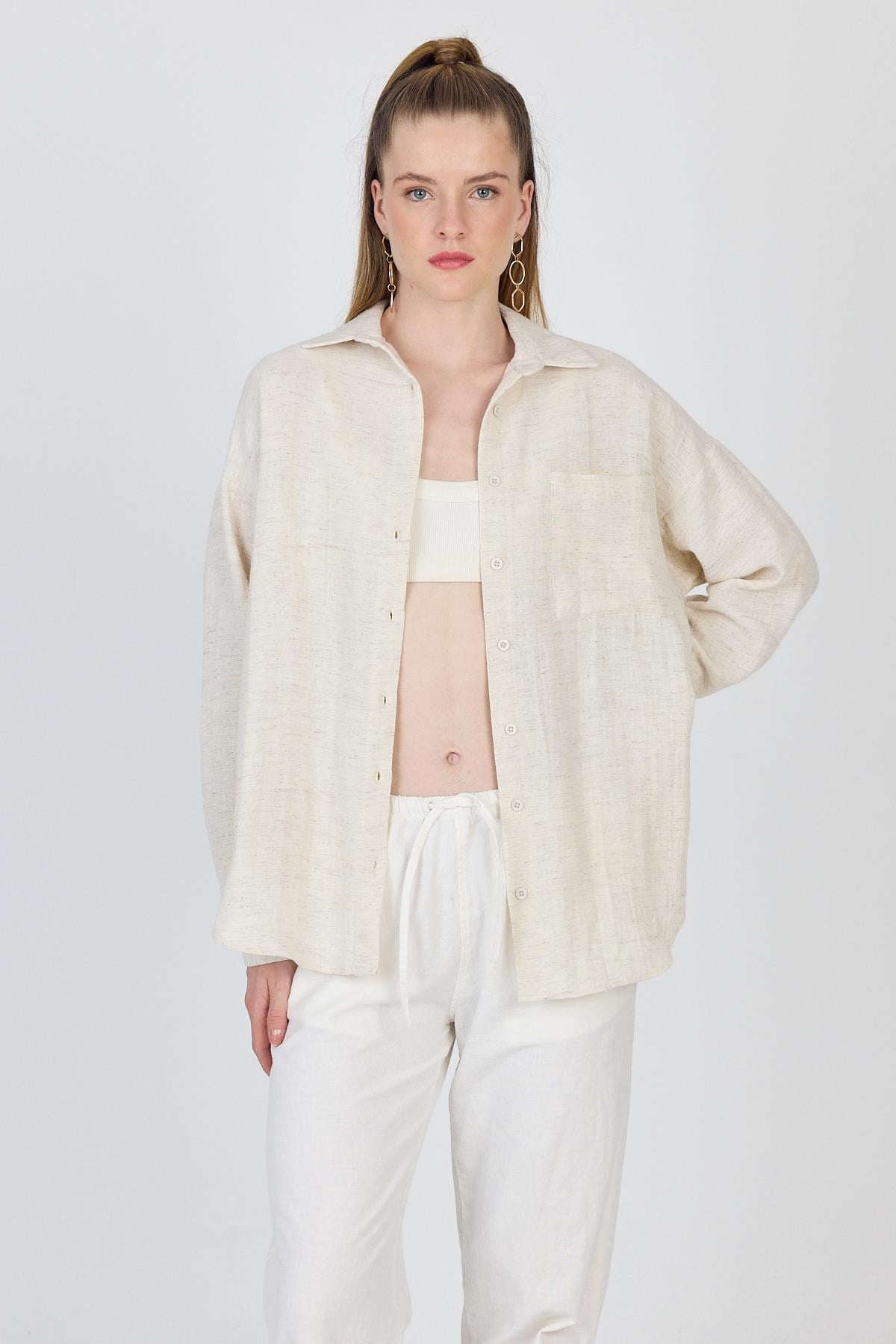 Natural Tek Cepli %100 Pamuk Oversize Gömlek 4706A
