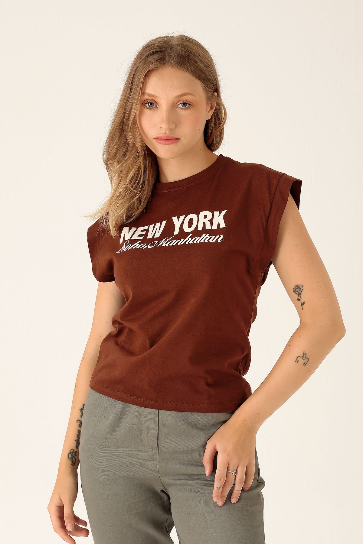 New York Tişört - 9457 Acı Kahve