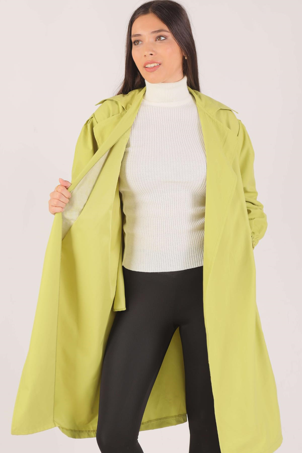 Olive Yeşili Balon Kol Trençkot 6528-1