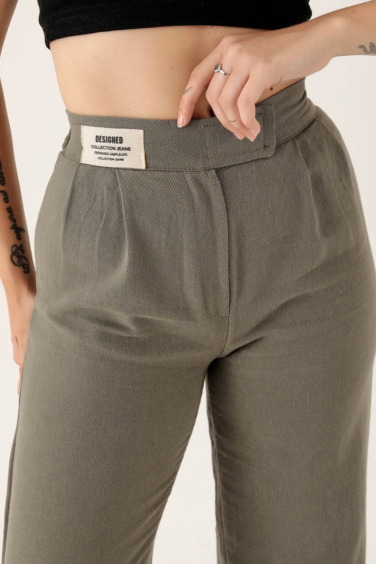 Olive Yeşili Bel Bantlı Palazzo Pantolon 3044