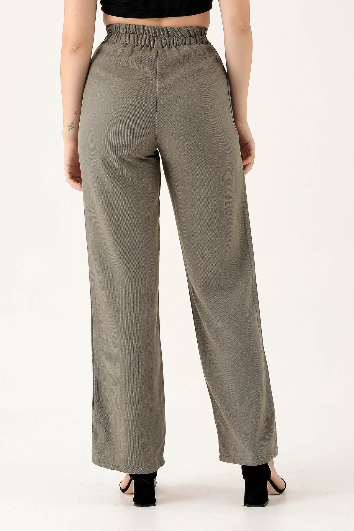 Olive Yeşili Bel Bantlı Palazzo Pantolon 3044