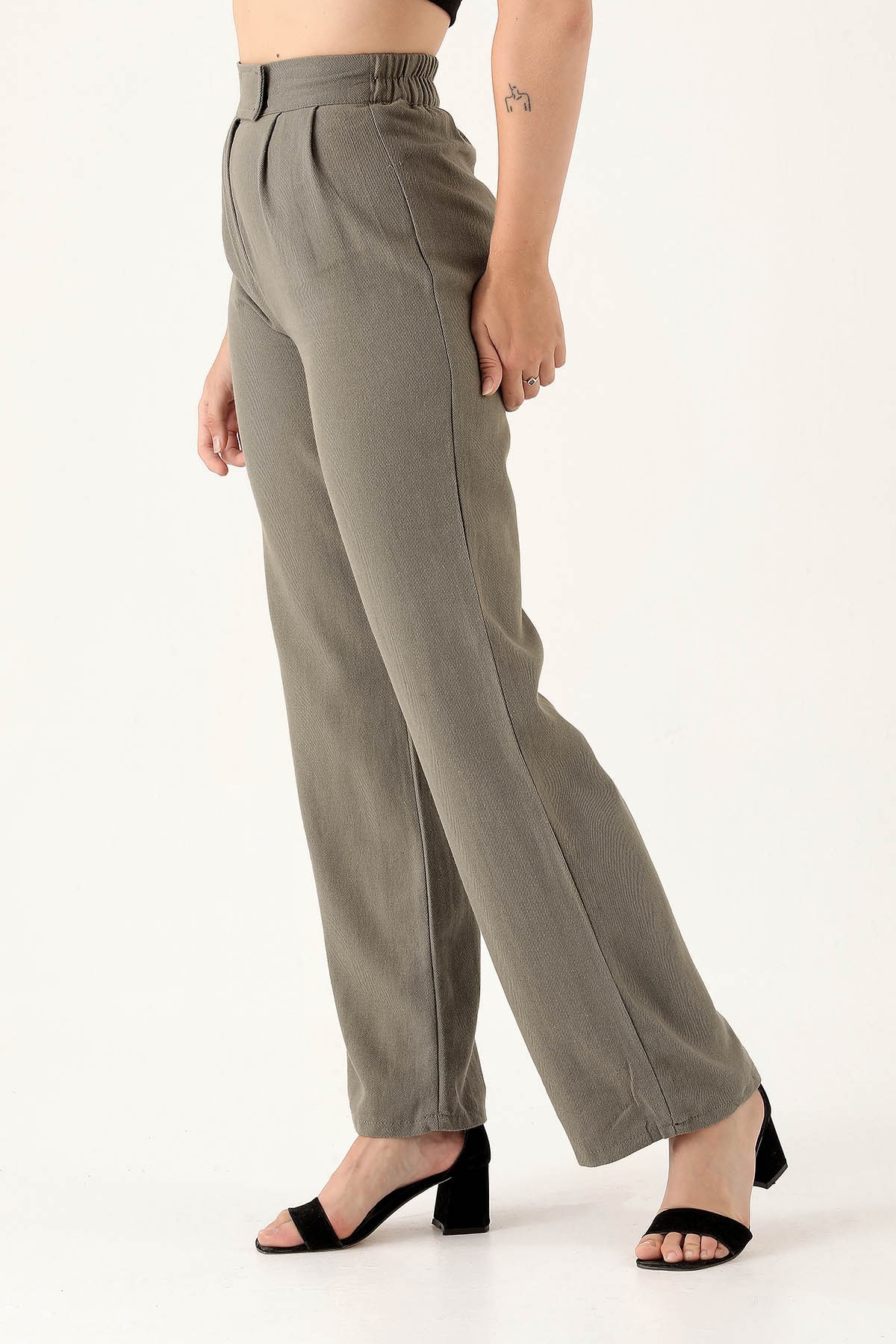 Olive Yeşili Bel Bantlı Palazzo Pantolon 3044