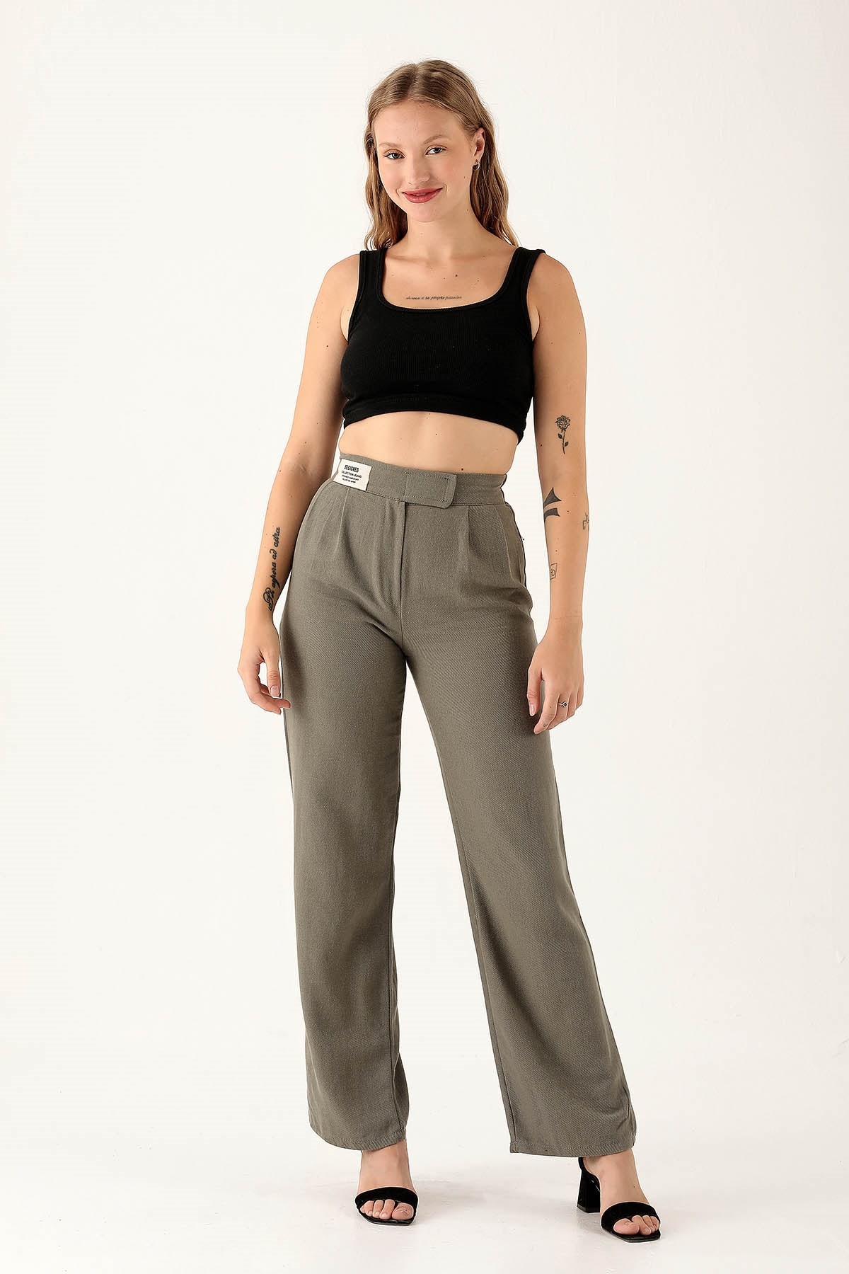 Olive Yeşili Bel Bantlı Palazzo Pantolon 3044
