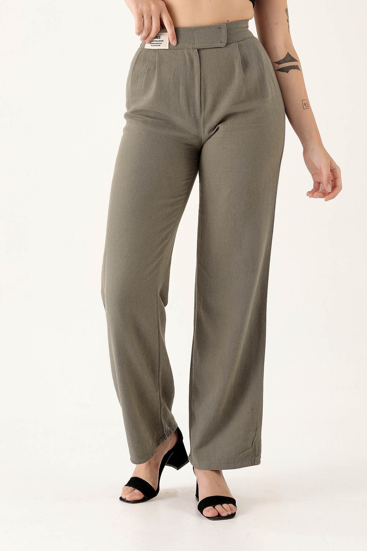 Olive Yeşili Bel Bantlı Palazzo Pantolon 3044