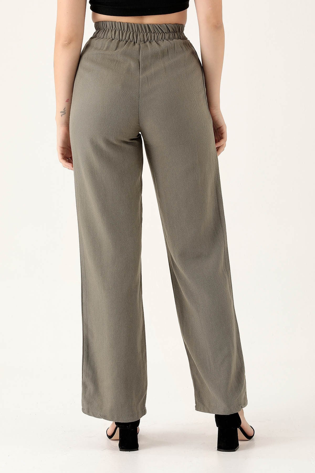 Olive Yeşili Bel Bantlı Palazzo Pantolon 3044