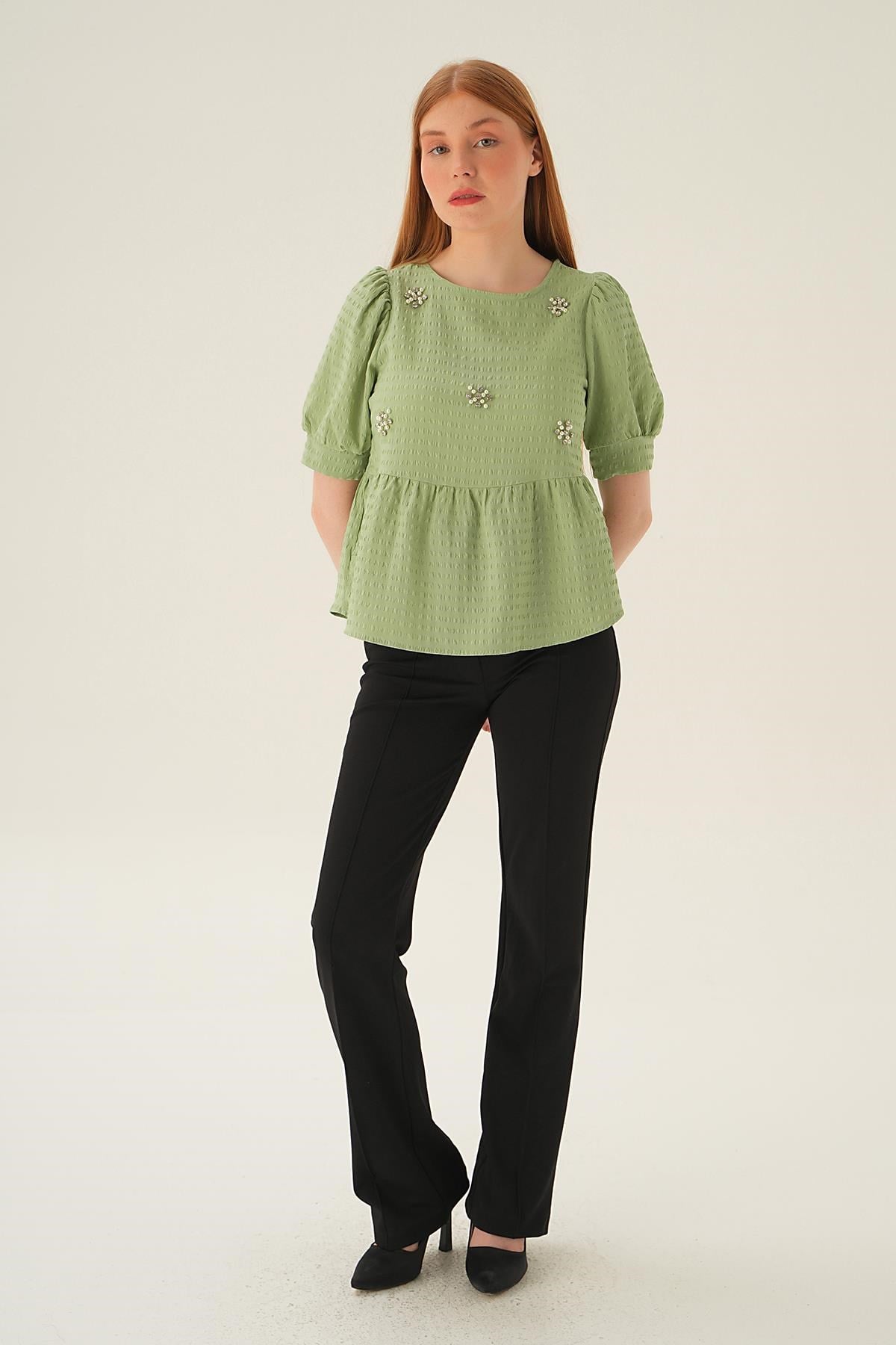 Olive Yeşili Bisiklet Yaka Bluz 4106
