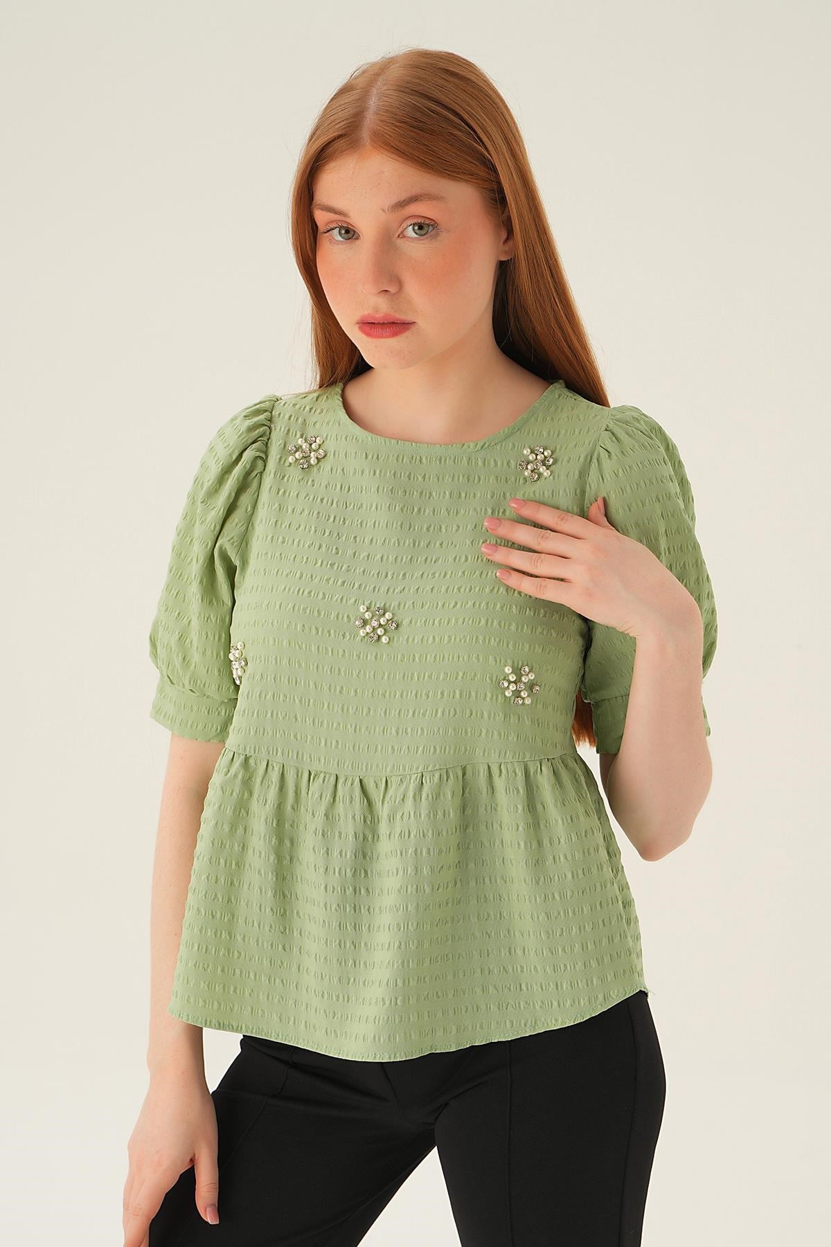 Olive Yeşili Bisiklet Yaka Bluz 4106