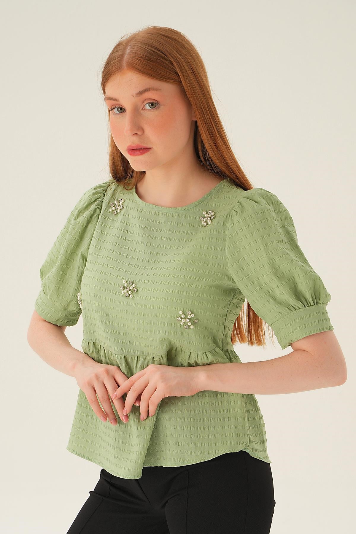 Olive Yeşili Bisiklet Yaka Bluz 4106