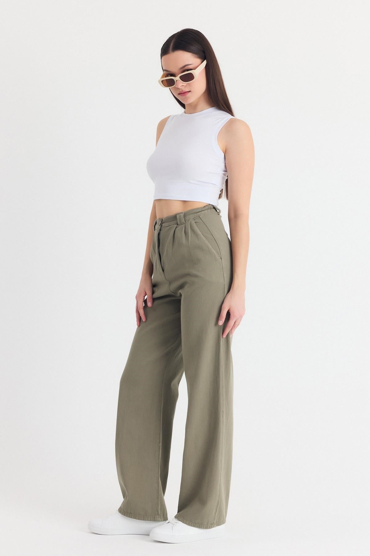 Olive Yeşili Cepli Pileli Geniş Paça Pantolon 7021