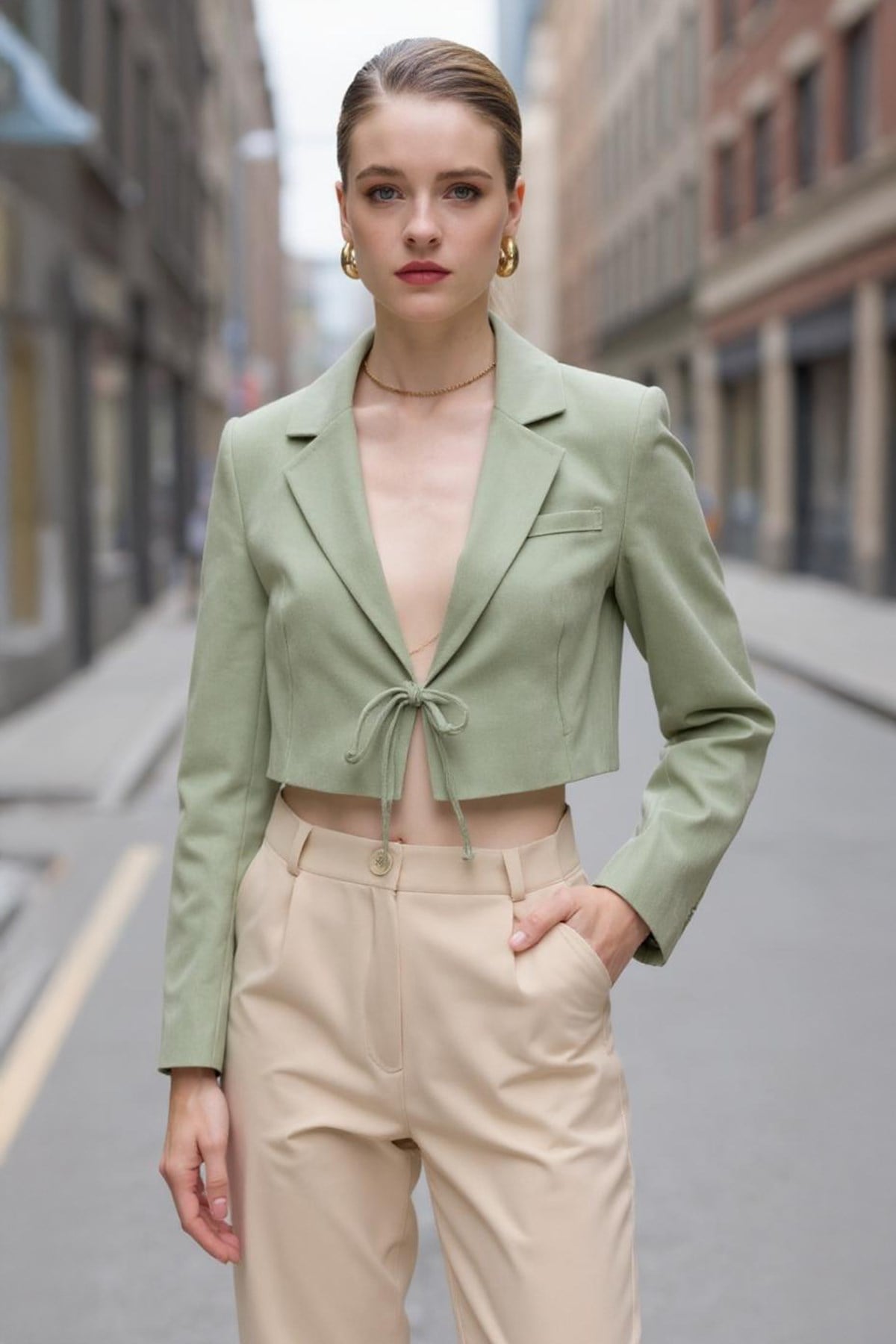 Olive Yeşili Keten Görünümlü %100 Pamuk Bağlama Detaylı Crop Blazer Ceket 7070