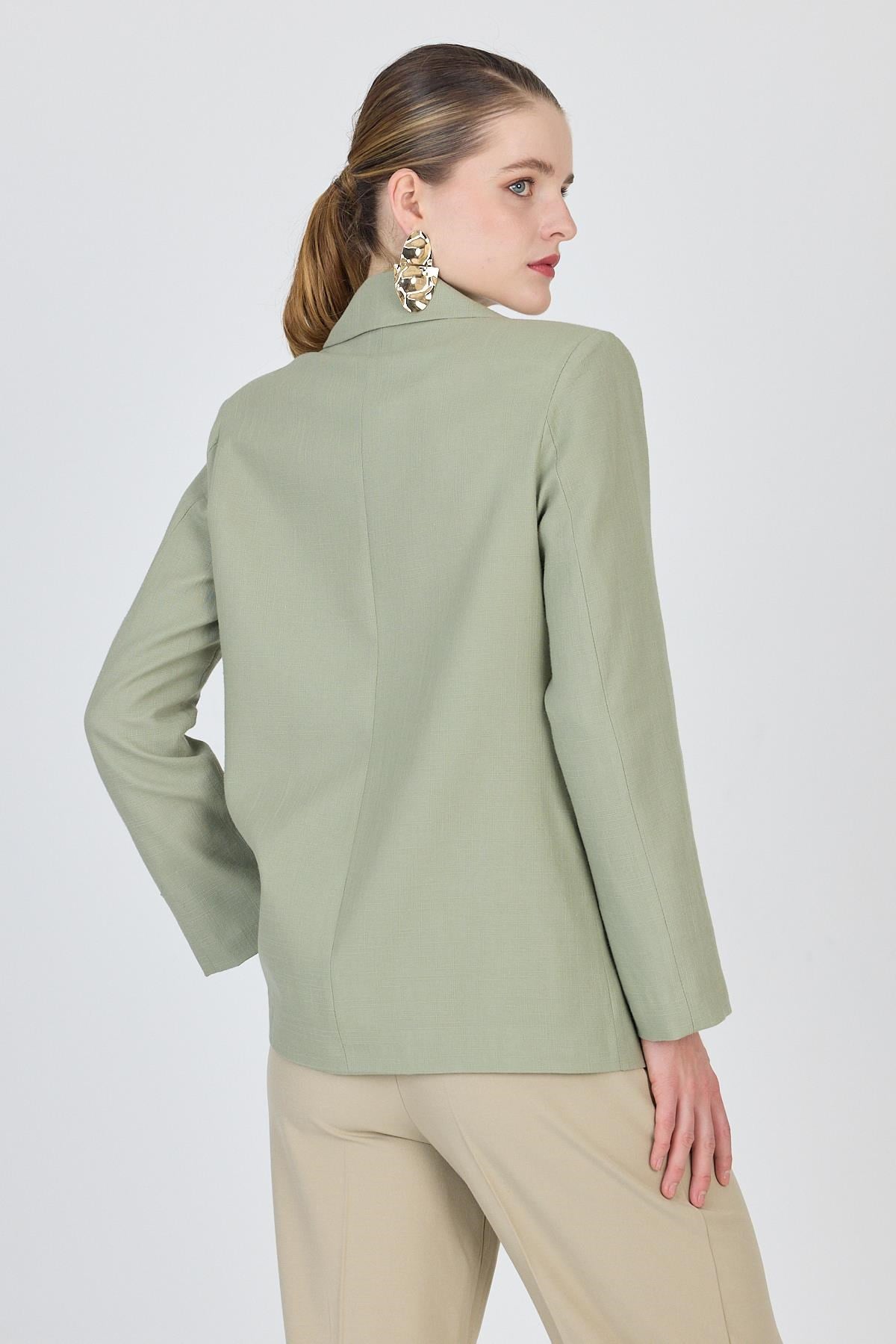 Olive Yeşili Keten Görünümlü %100 Pamuk Astarlı Blazer Ceket 6023-3