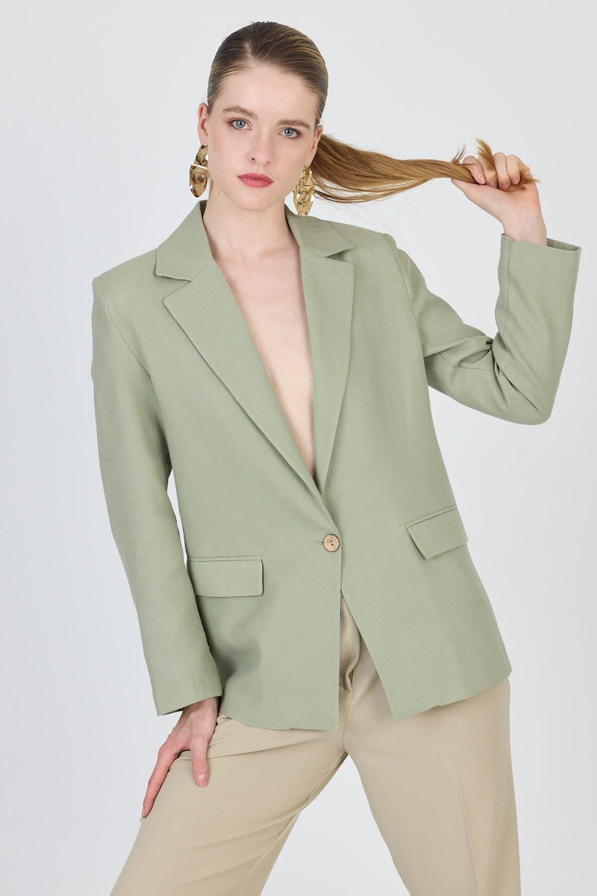 Olive Yeşili Keten Görünümlü %100 Pamuk Astarlı Blazer Ceket 6023-3
