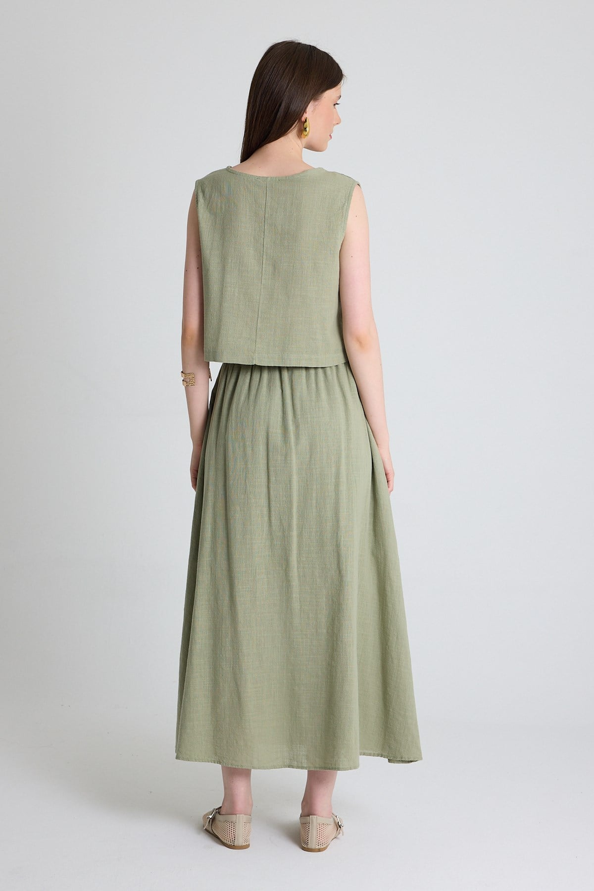 Olive Yeşili Keten Görünümlü %100 Pamuk Kolsuz Crop Bluz 3419-1