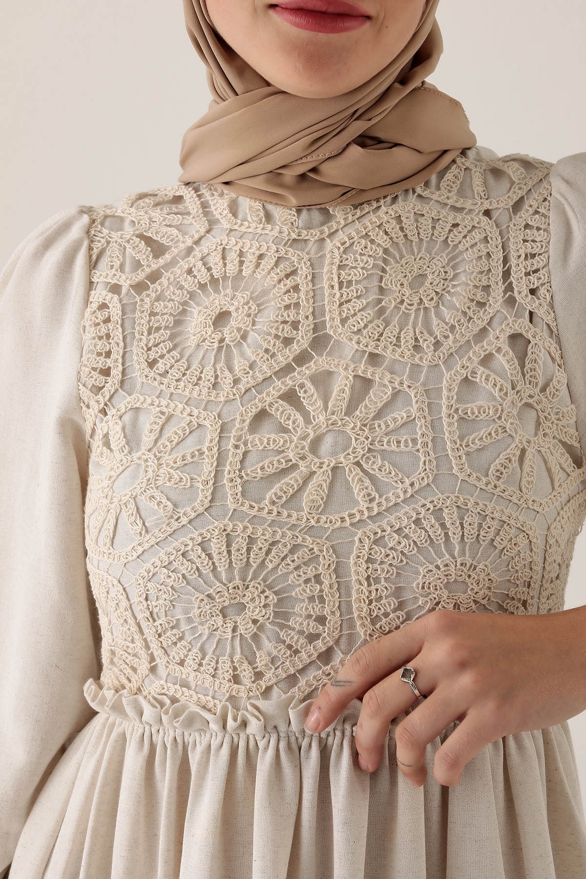 Önü Dantel Detaylı Elbise - 6693A Natural
