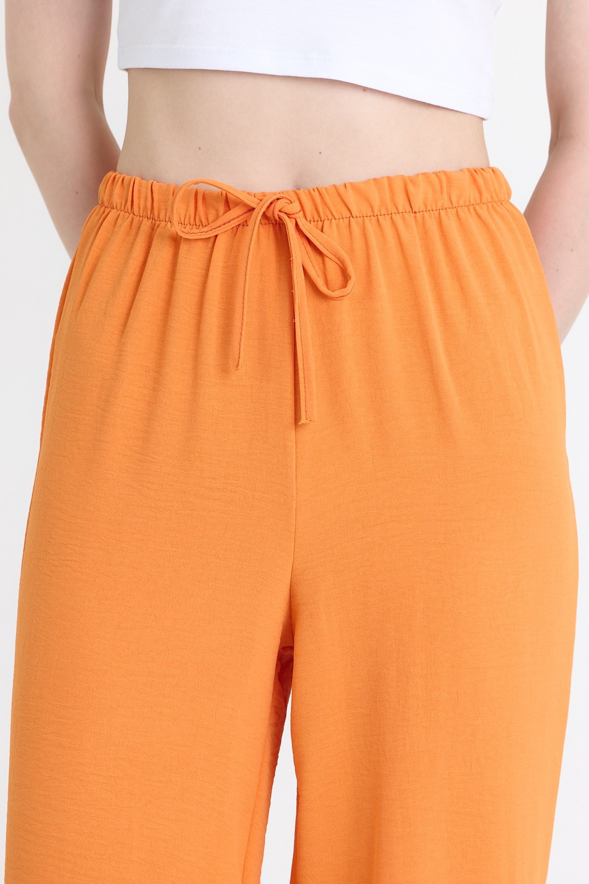 Orange Beli Lastikli Bol Paça Dokuma Pantolon 4284-1