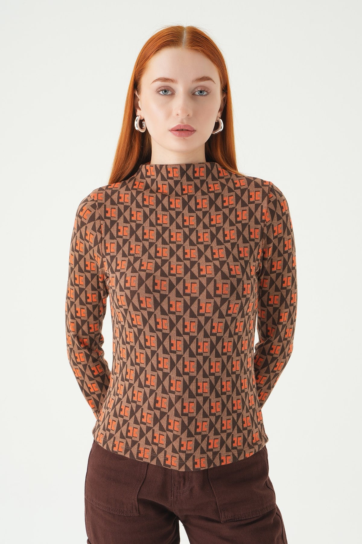 Orange Desenli Dik Yaka Bluz 242143