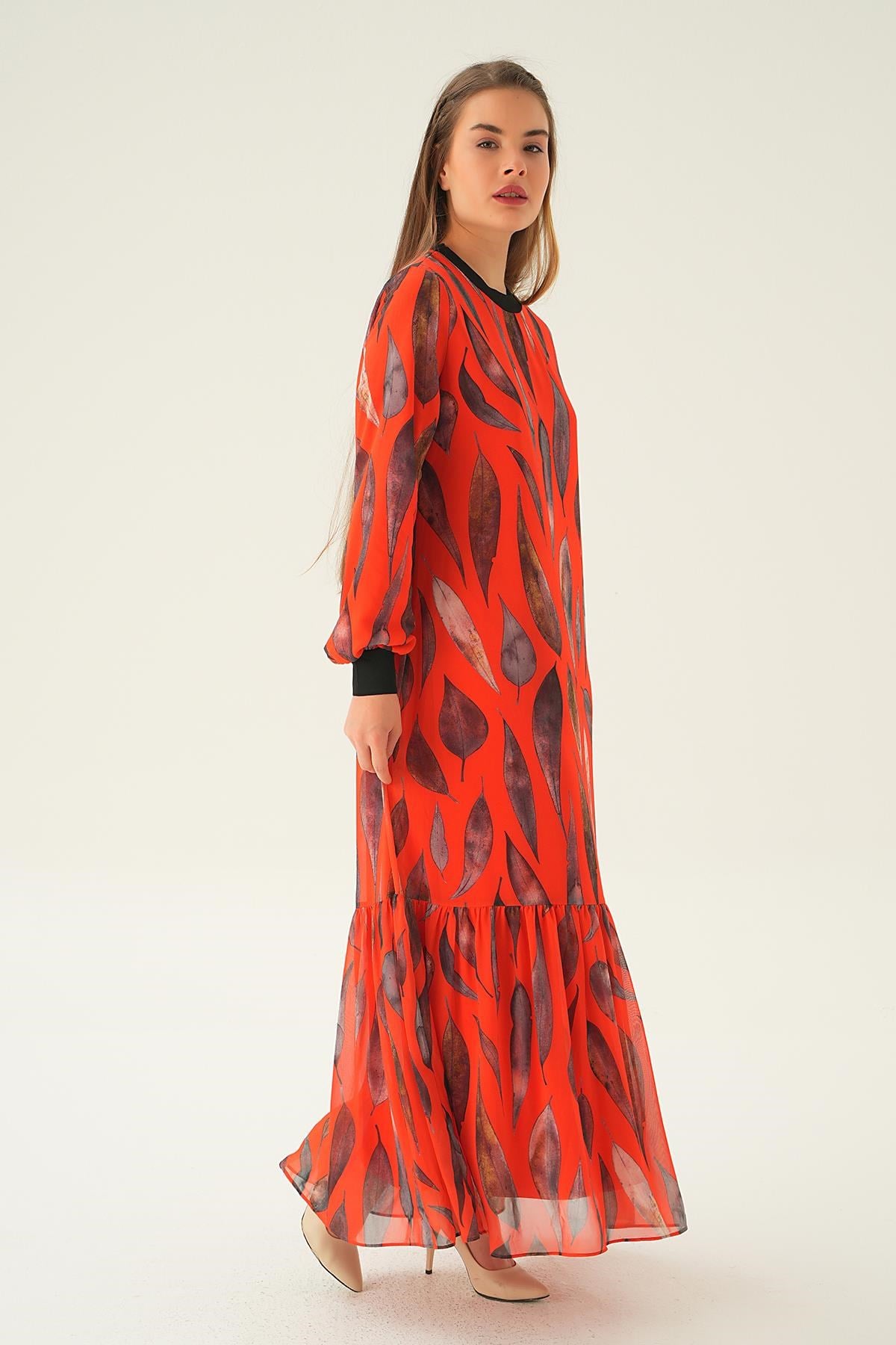 Orange Desenli Kol Ribana Elbise 2640-1
