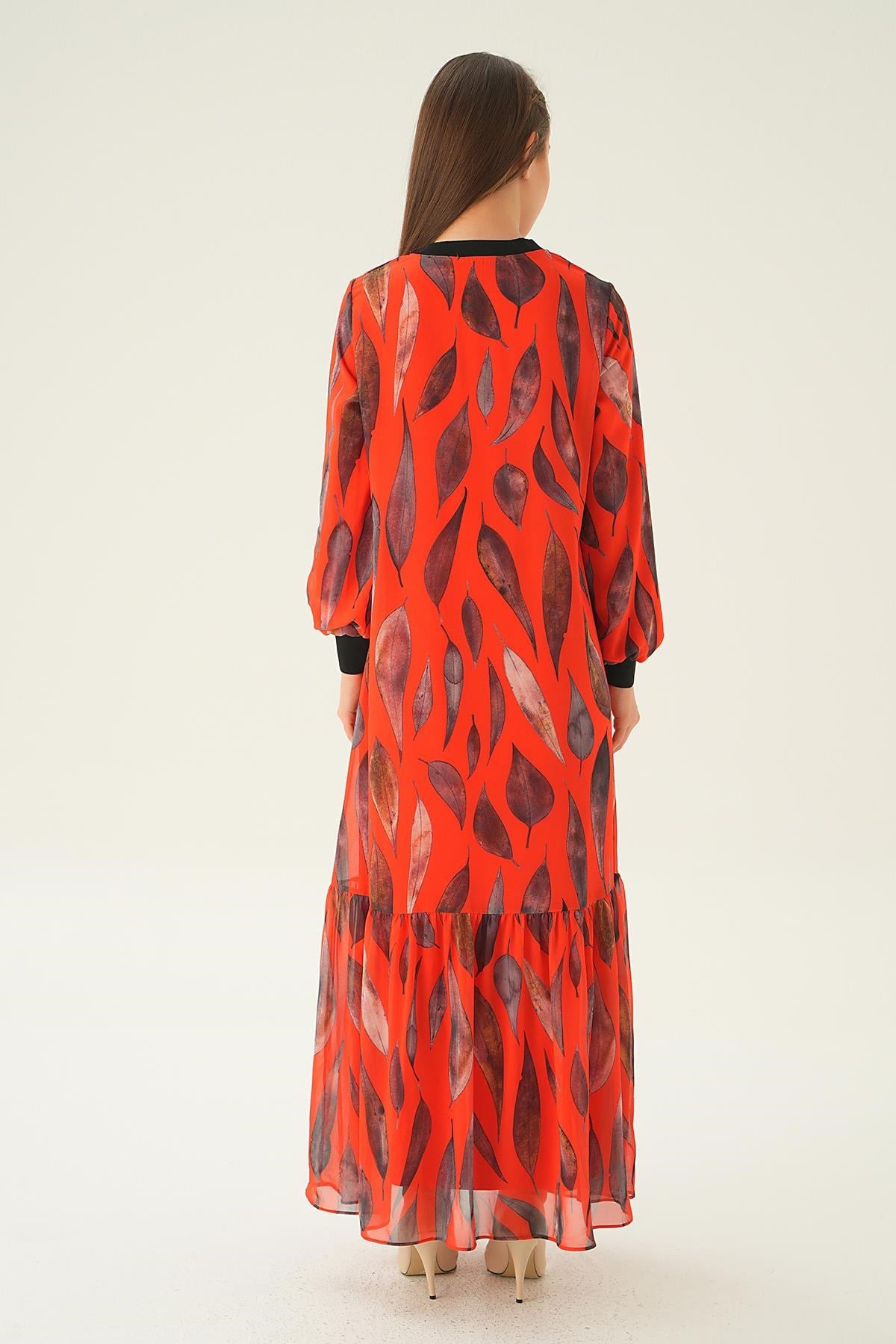 Orange Desenli Kol Ribana Elbise 2640-1