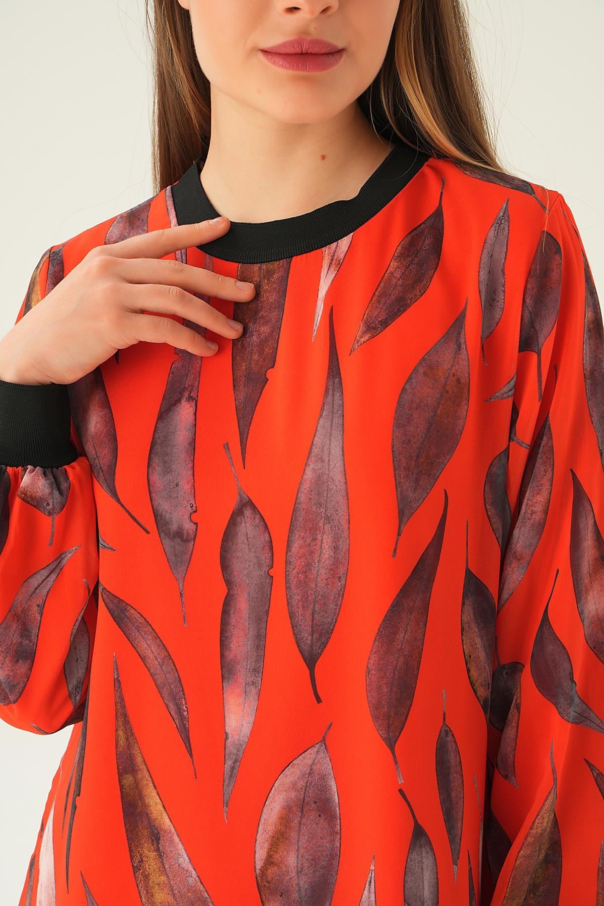 Orange Desenli Kol Ribana Elbise 2640-1