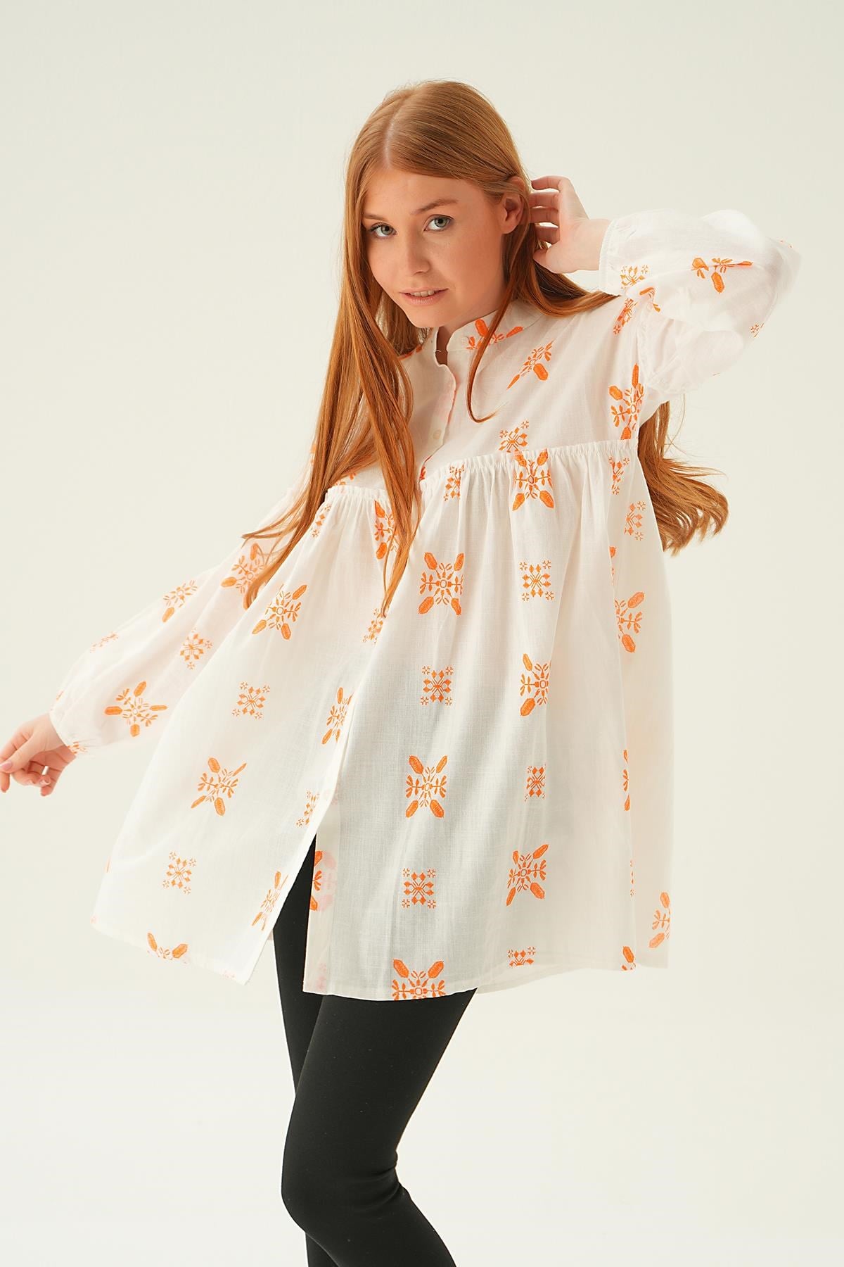 Orange Hakim Yaka Desenli Tunik 6853A
