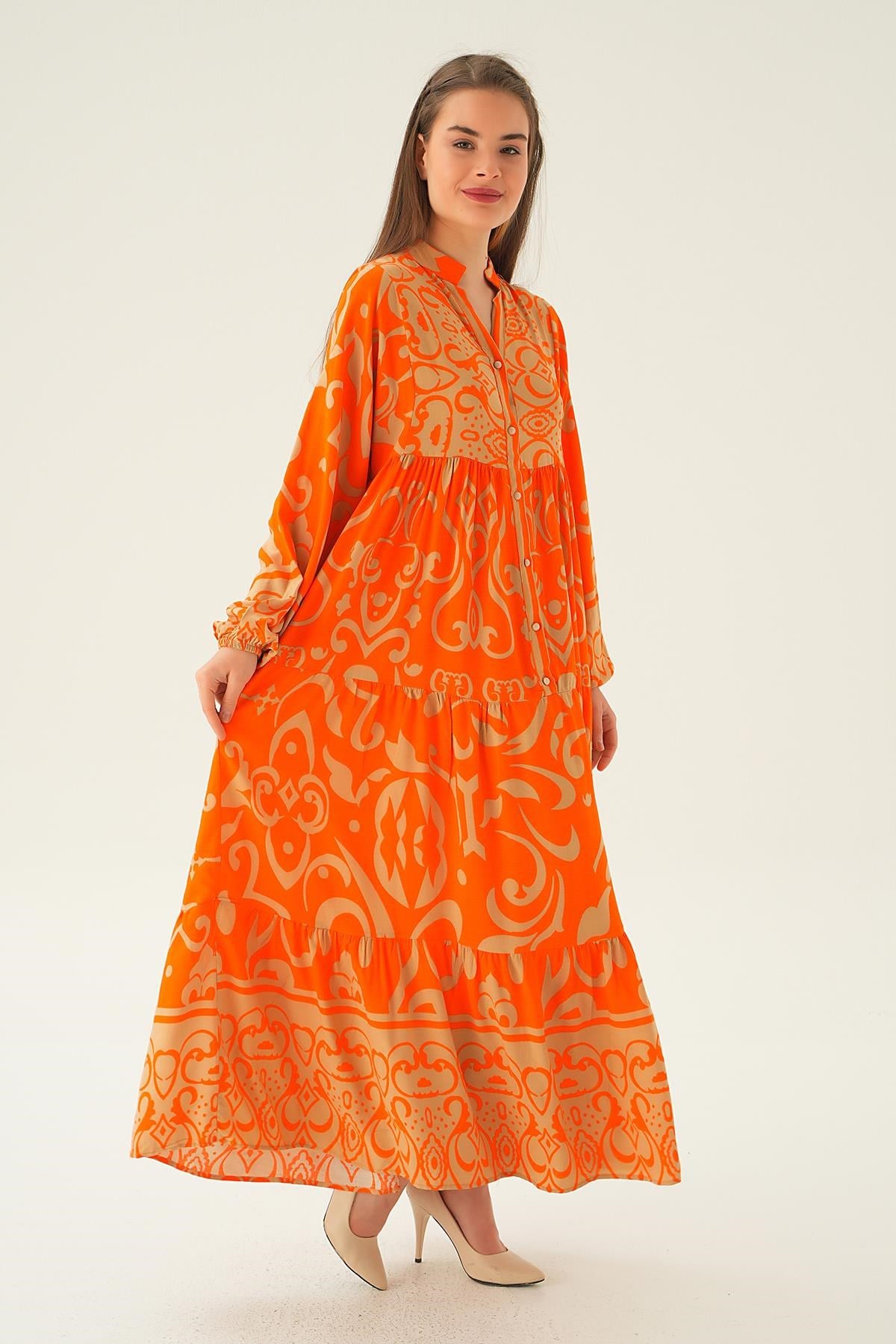 Orange Kruvaze Yaka Desenli Elbise 2643