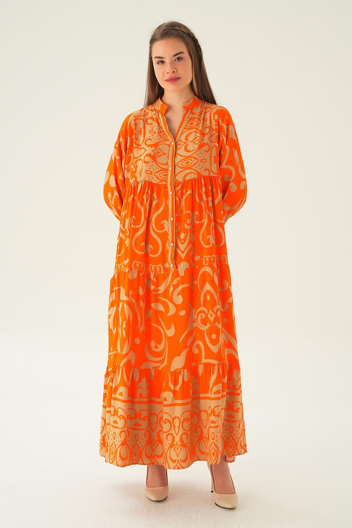 Orange Kruvaze Yaka Desenli Elbise 2643