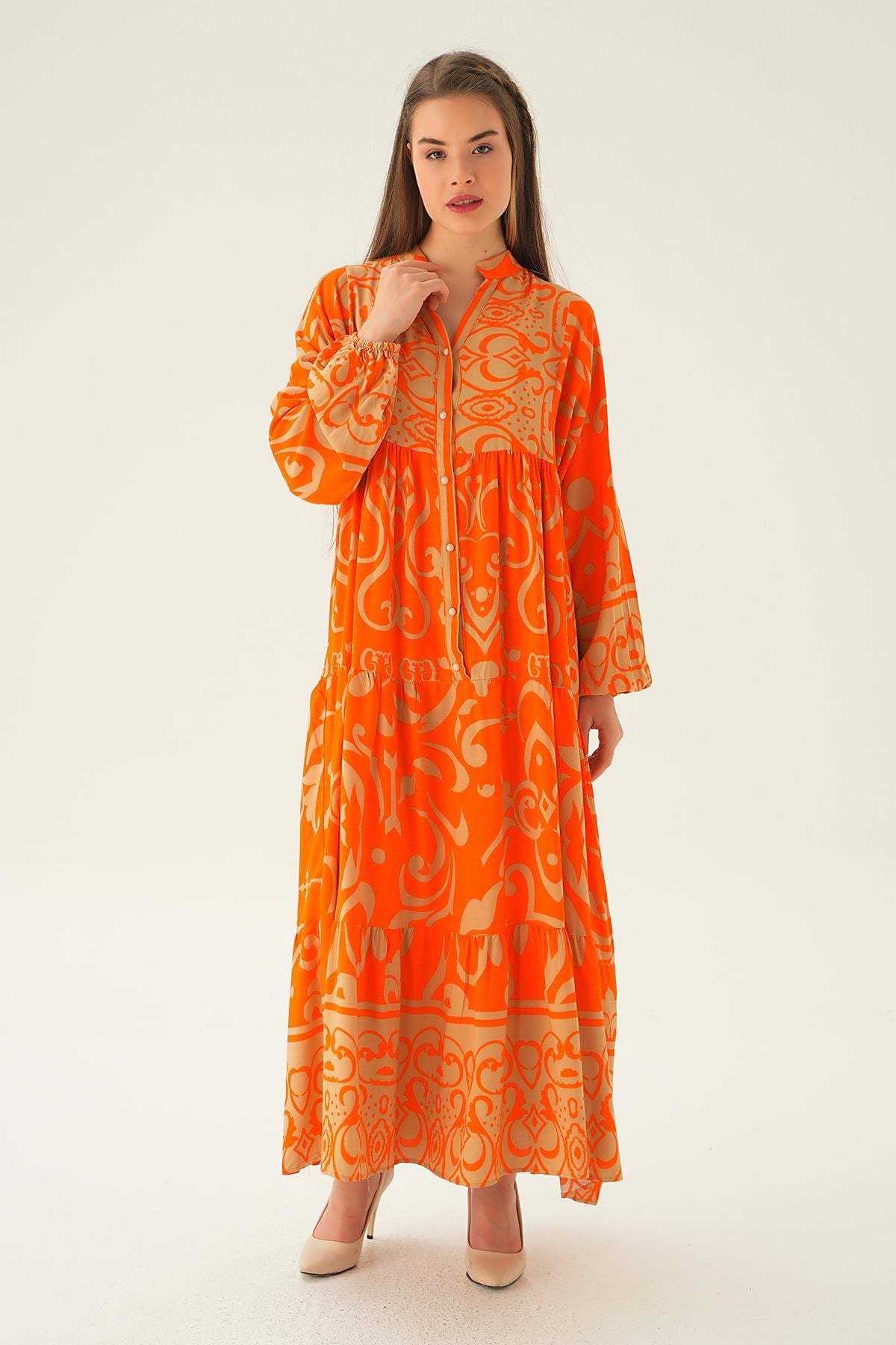 Orange Kruvaze Yaka Desenli Elbise 2643