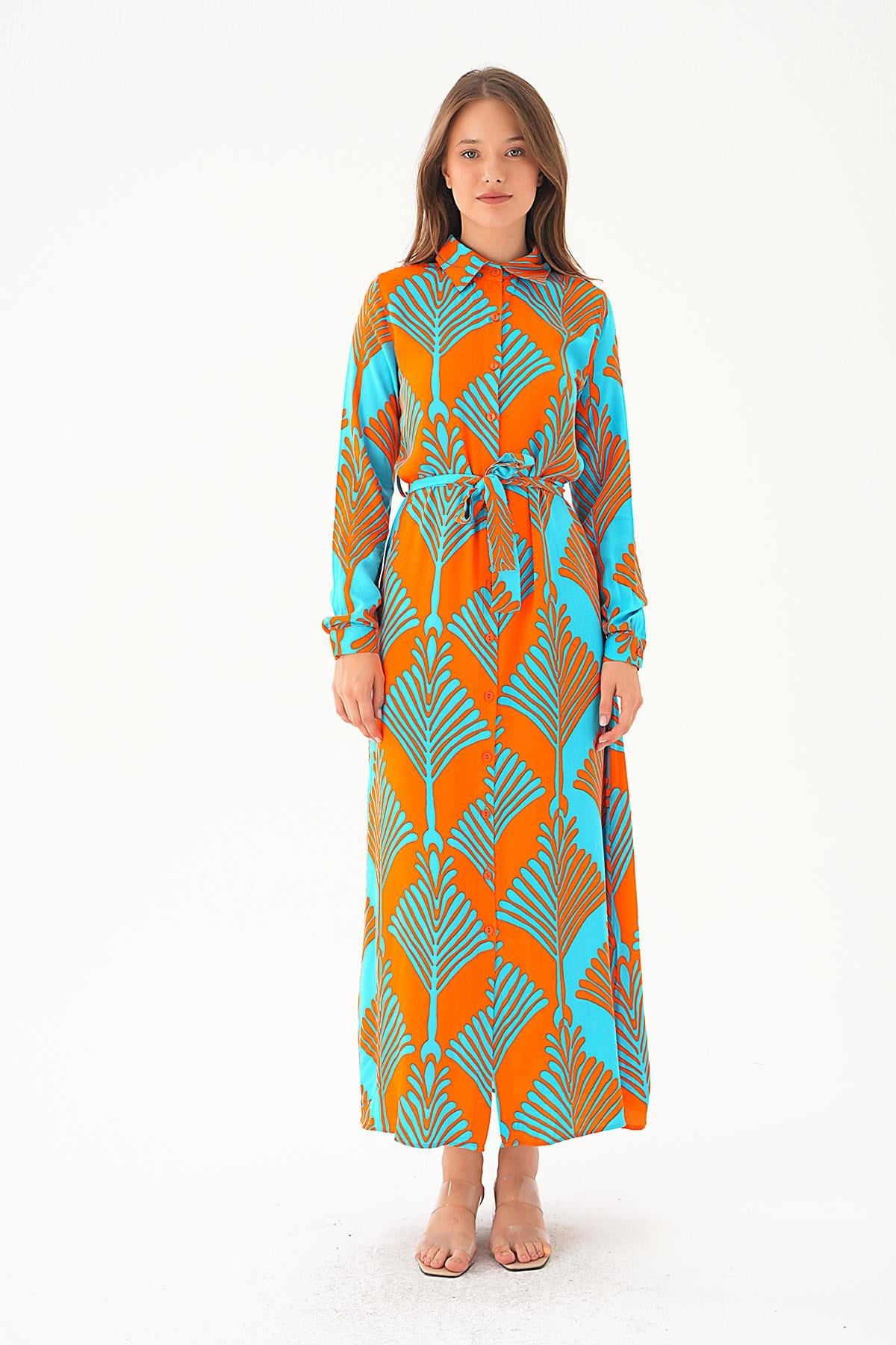 Orange-Mavi Bel Bağlama Detay Desenli Elbise 2683