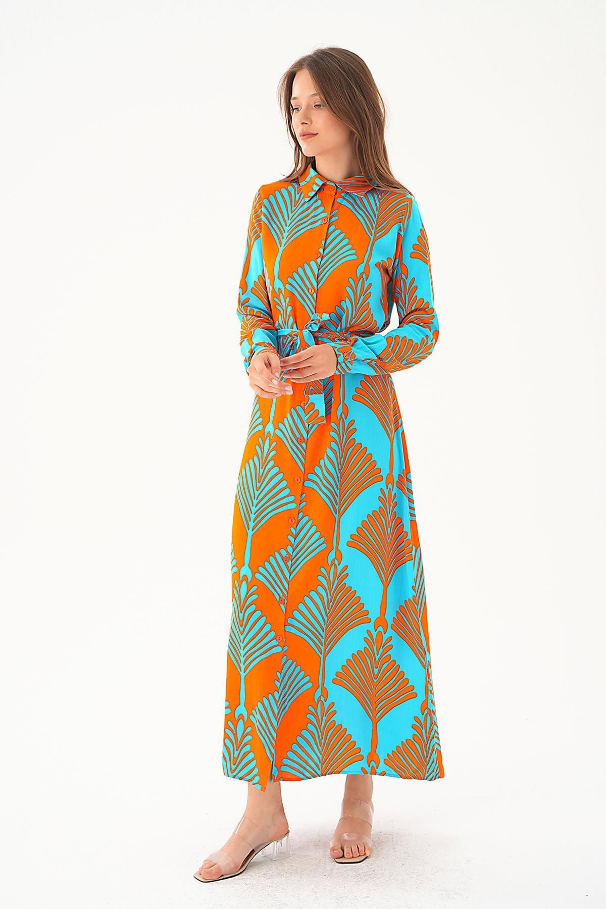 Orange-Mavi Bel Bağlama Detay Desenli Elbise 2683