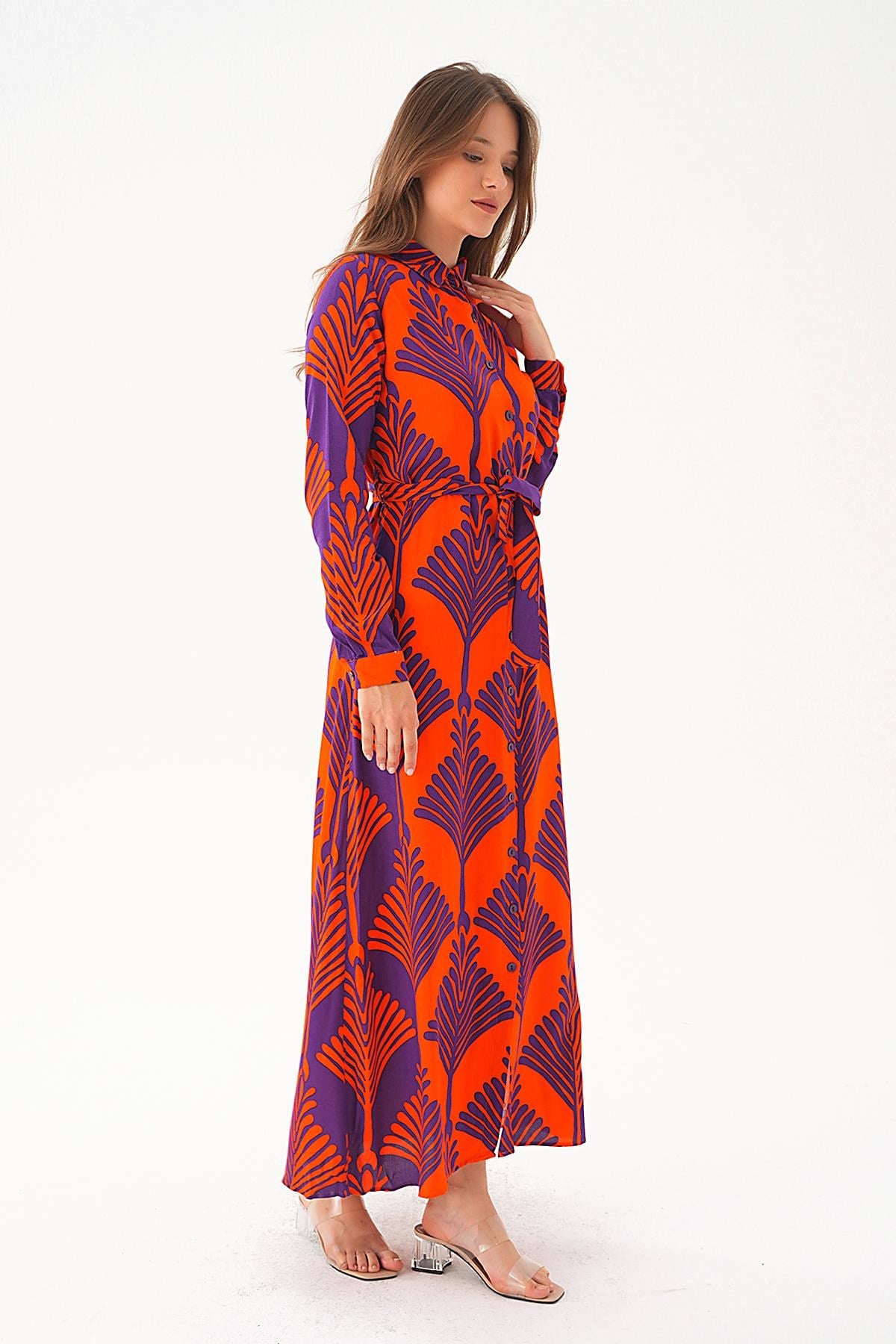 Orange-Mor Bel Bağlama Detay Desenli Elbise 2683