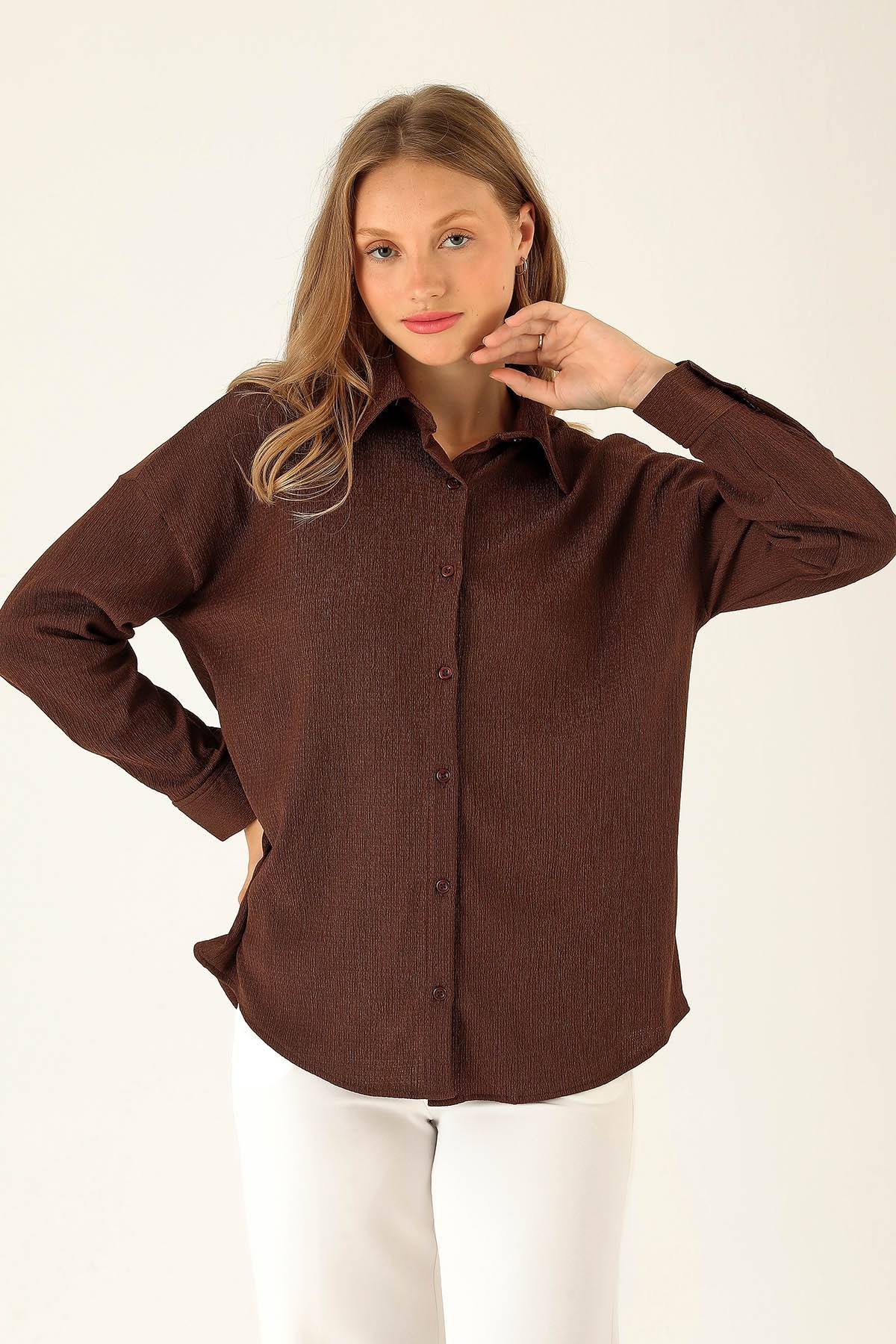 Oversize Bayan Gömlek - 6624A Kahve
