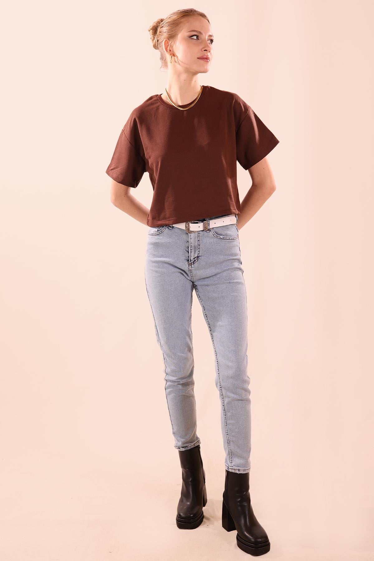 Oversize Kısa Tişört - 9408 Acı Kahve