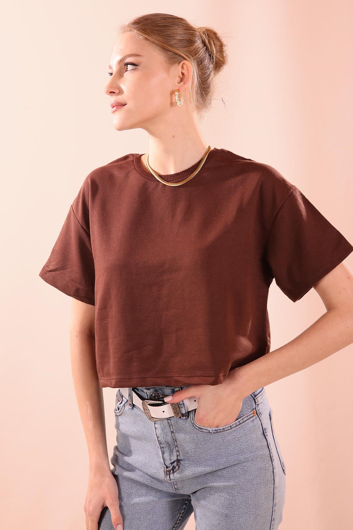 Oversize Kısa Tişört - 9408 Acı Kahve