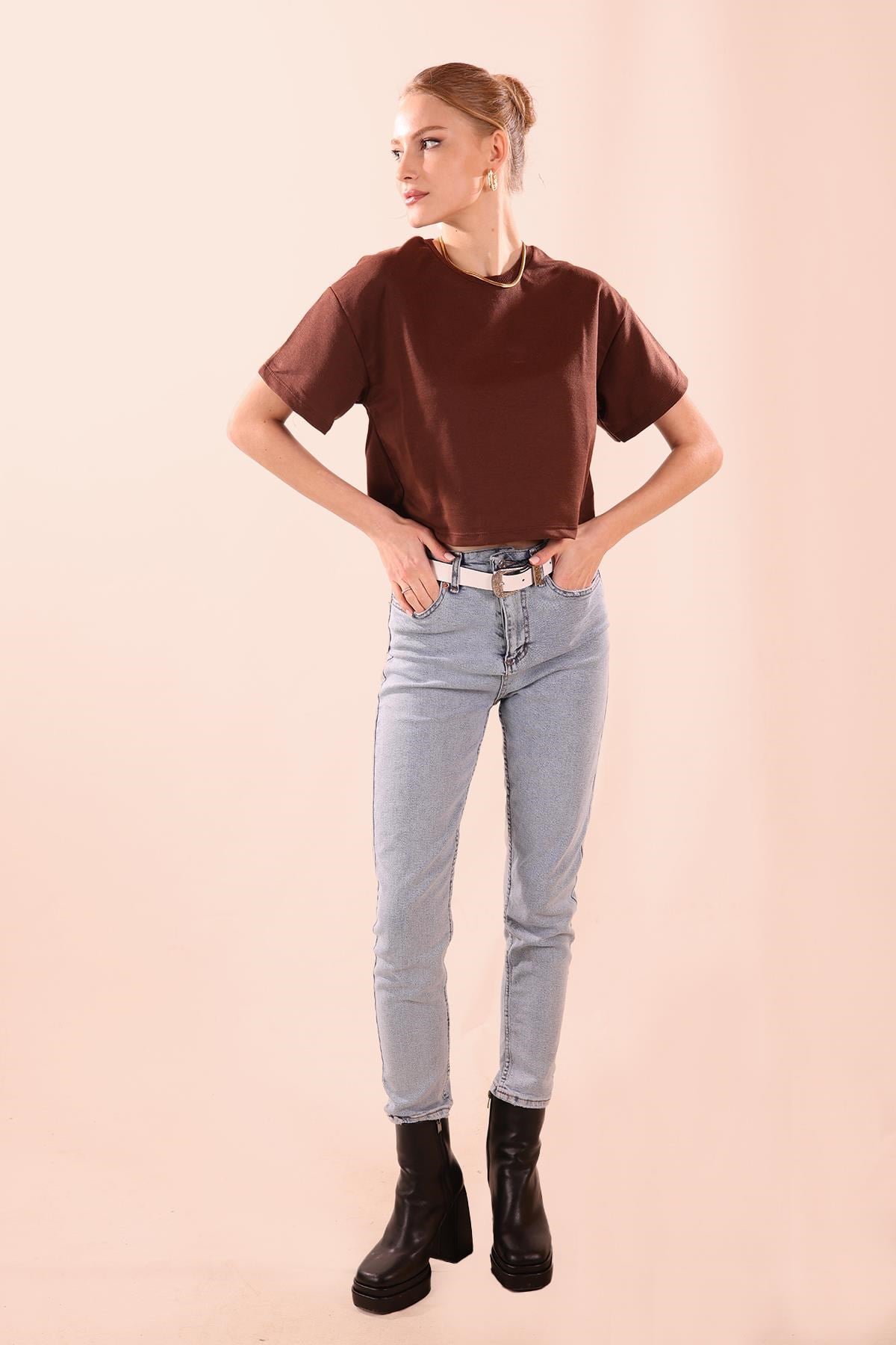 Oversize Kısa Tişört - 9408 Acı Kahve