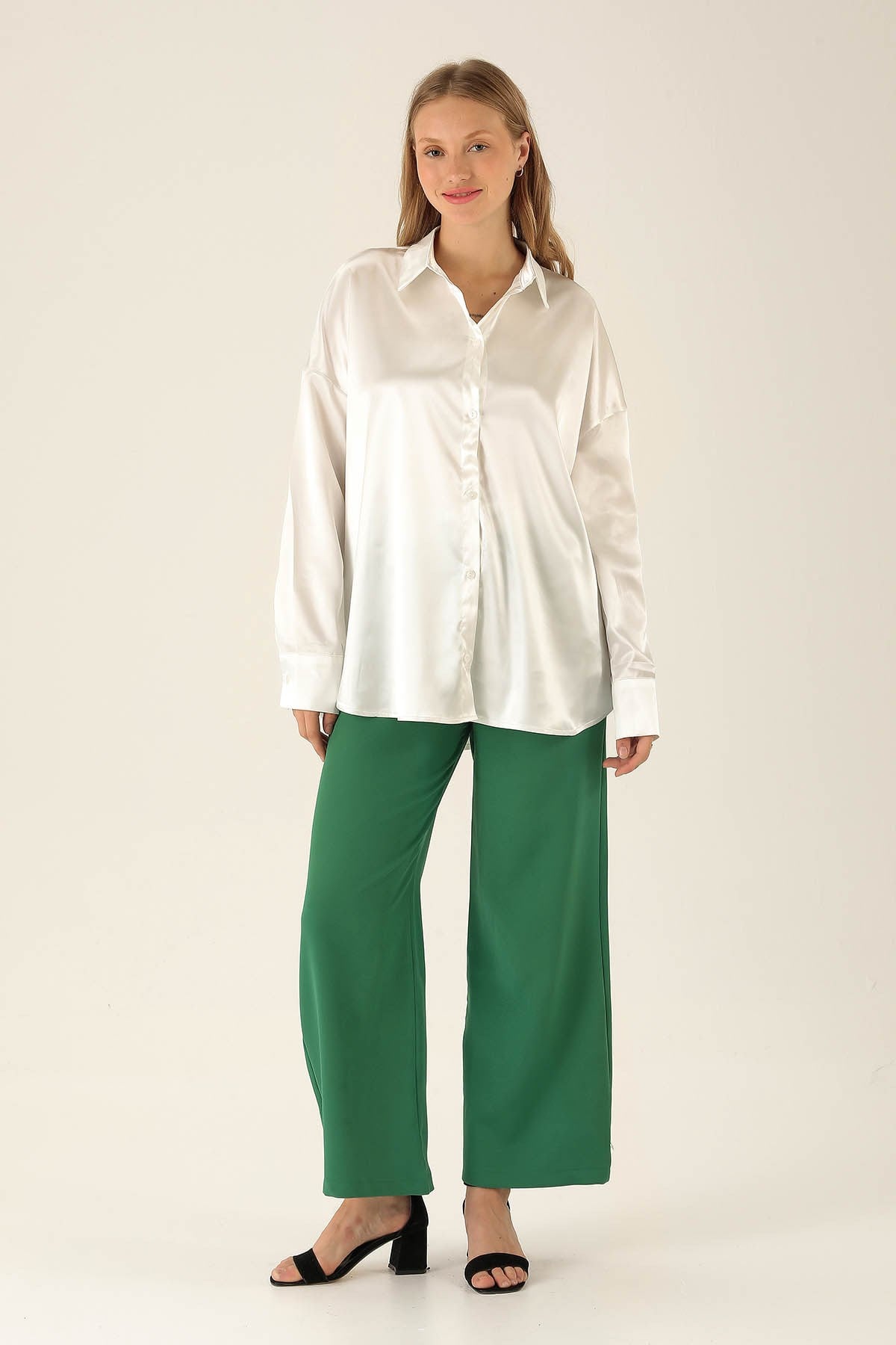 Oversize Saten Bayan Gömlek - 1638 Beyaz