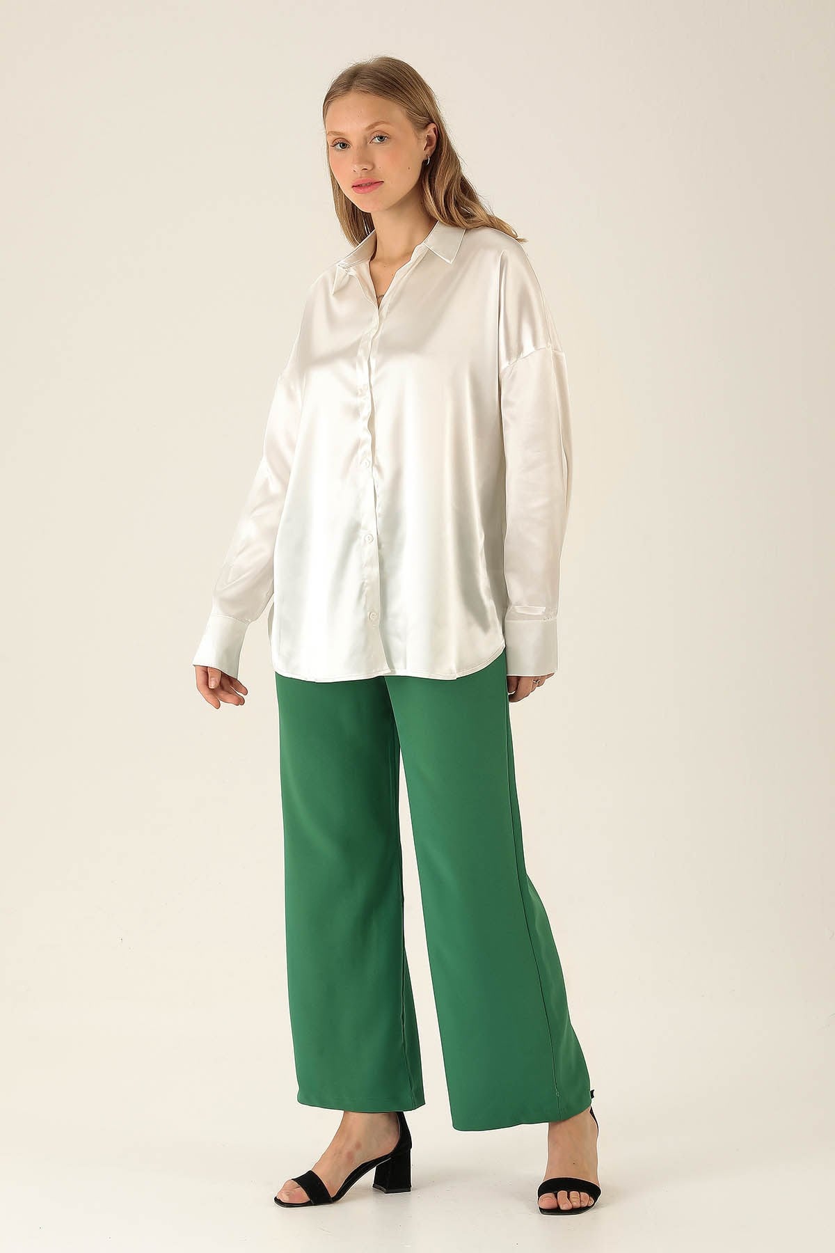 Oversize Saten Bayan Gömlek - 1638 Beyaz