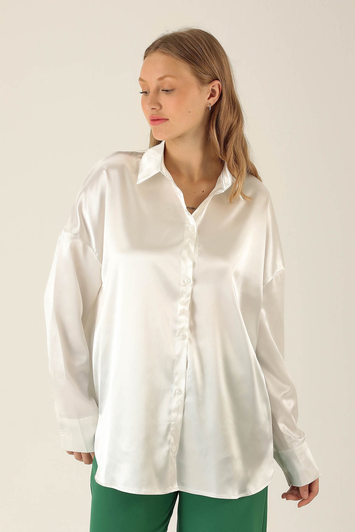 Oversize Saten Bayan Gömlek - 1638 Beyaz