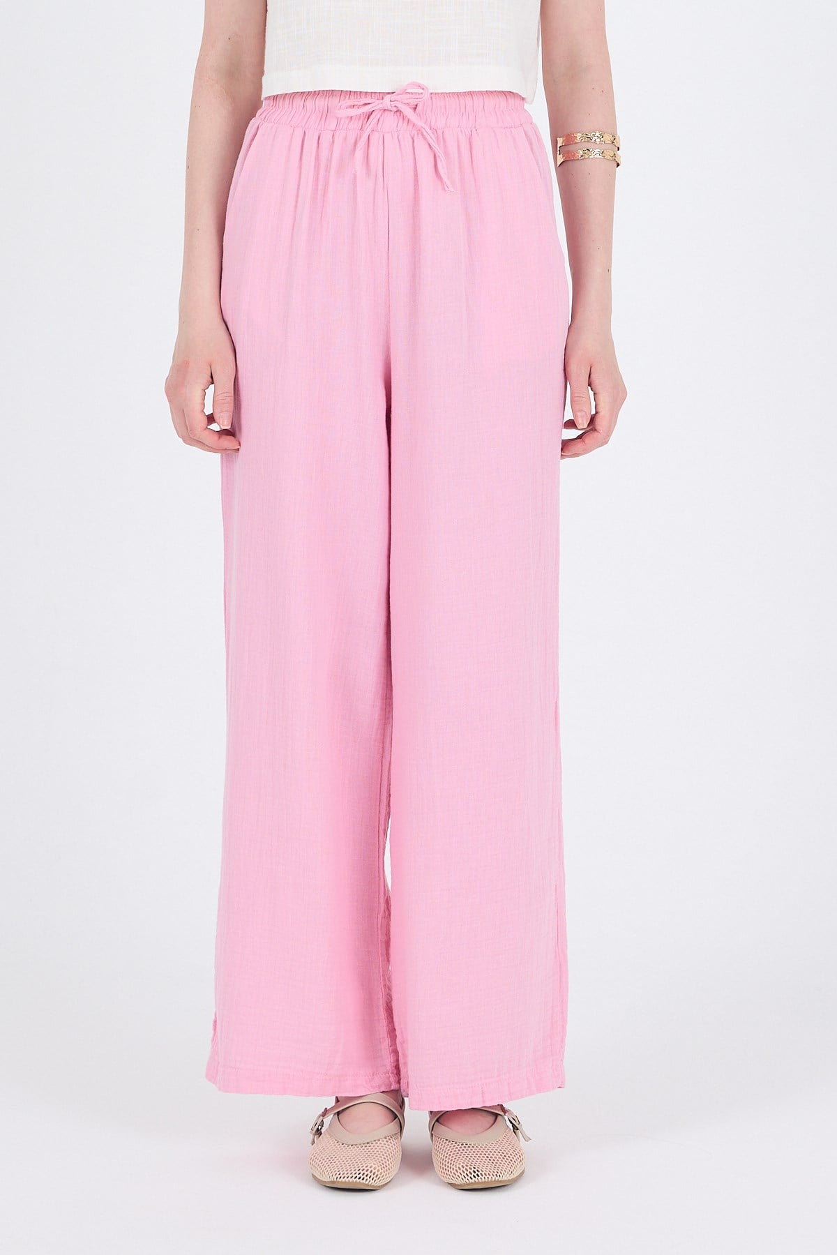 Pembe  %100 Pamuk Müslin Palazzo/Bol Paça Pantolon 8056A