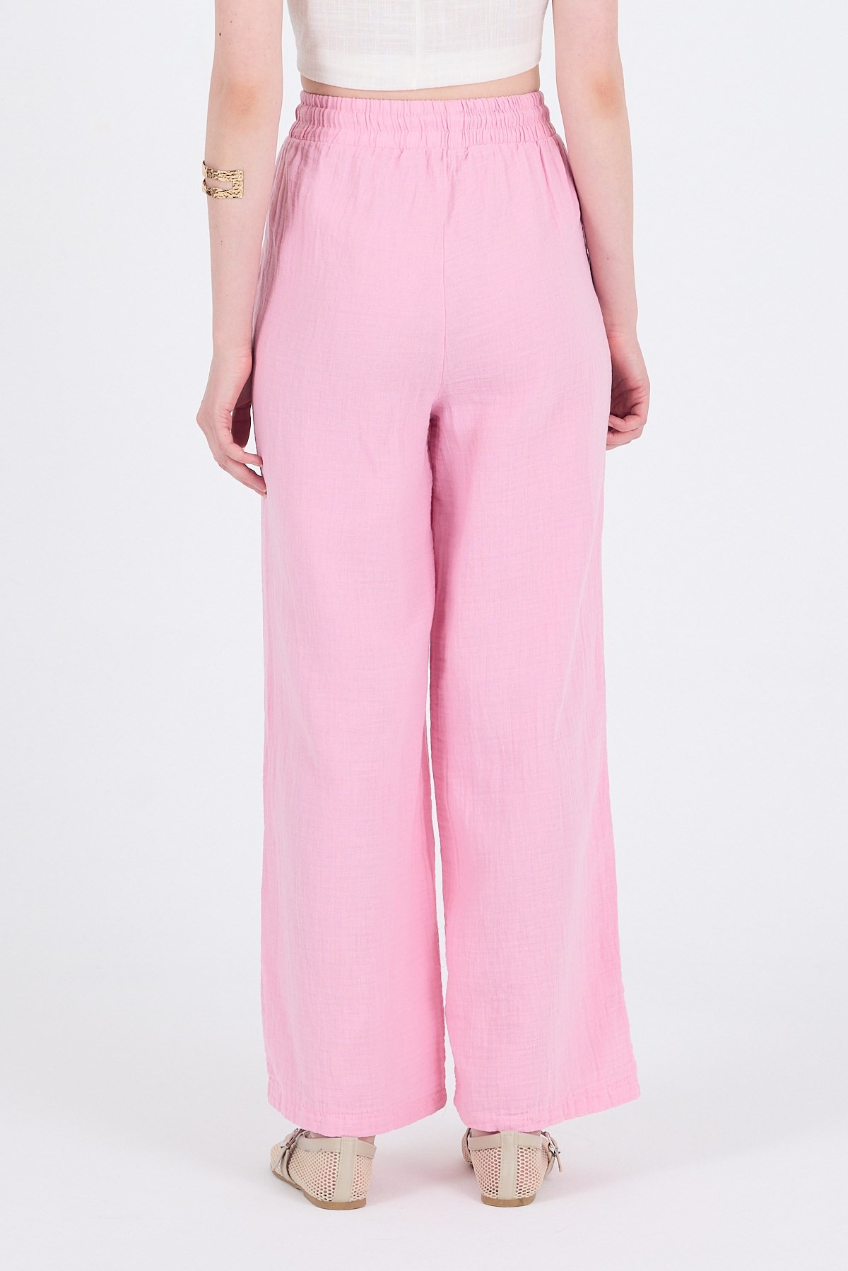 Pembe  %100 Pamuk Müslin Palazzo/Bol Paça Pantolon 8056A
