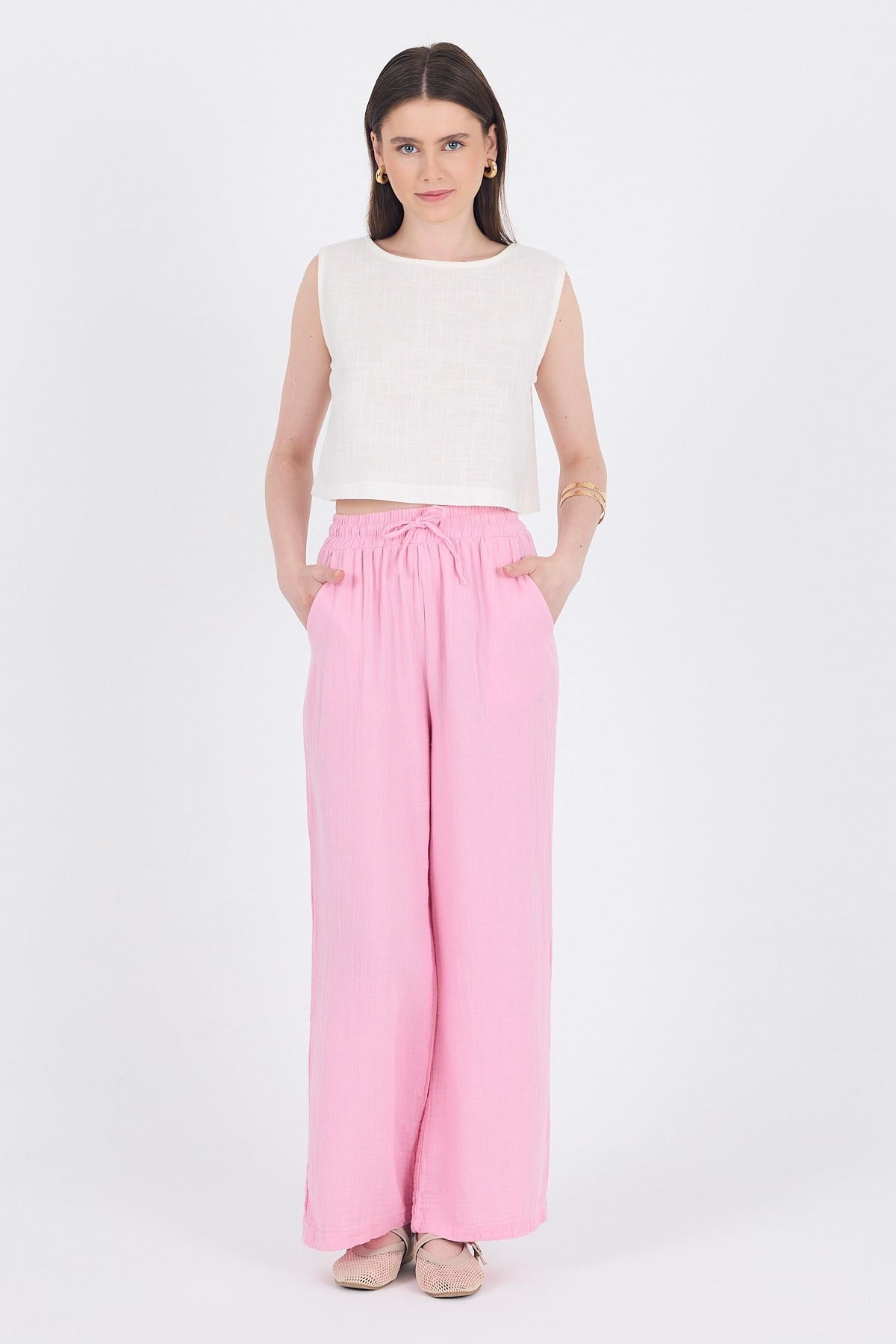 Pembe  %100 Pamuk Müslin Palazzo/Bol Paça Pantolon 8056A