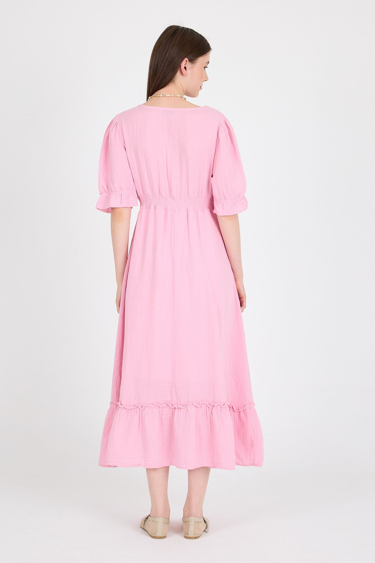 Pembe %100 Pamuk Müslin V Yaka Bel Lastikli Midi Elbise 4780A