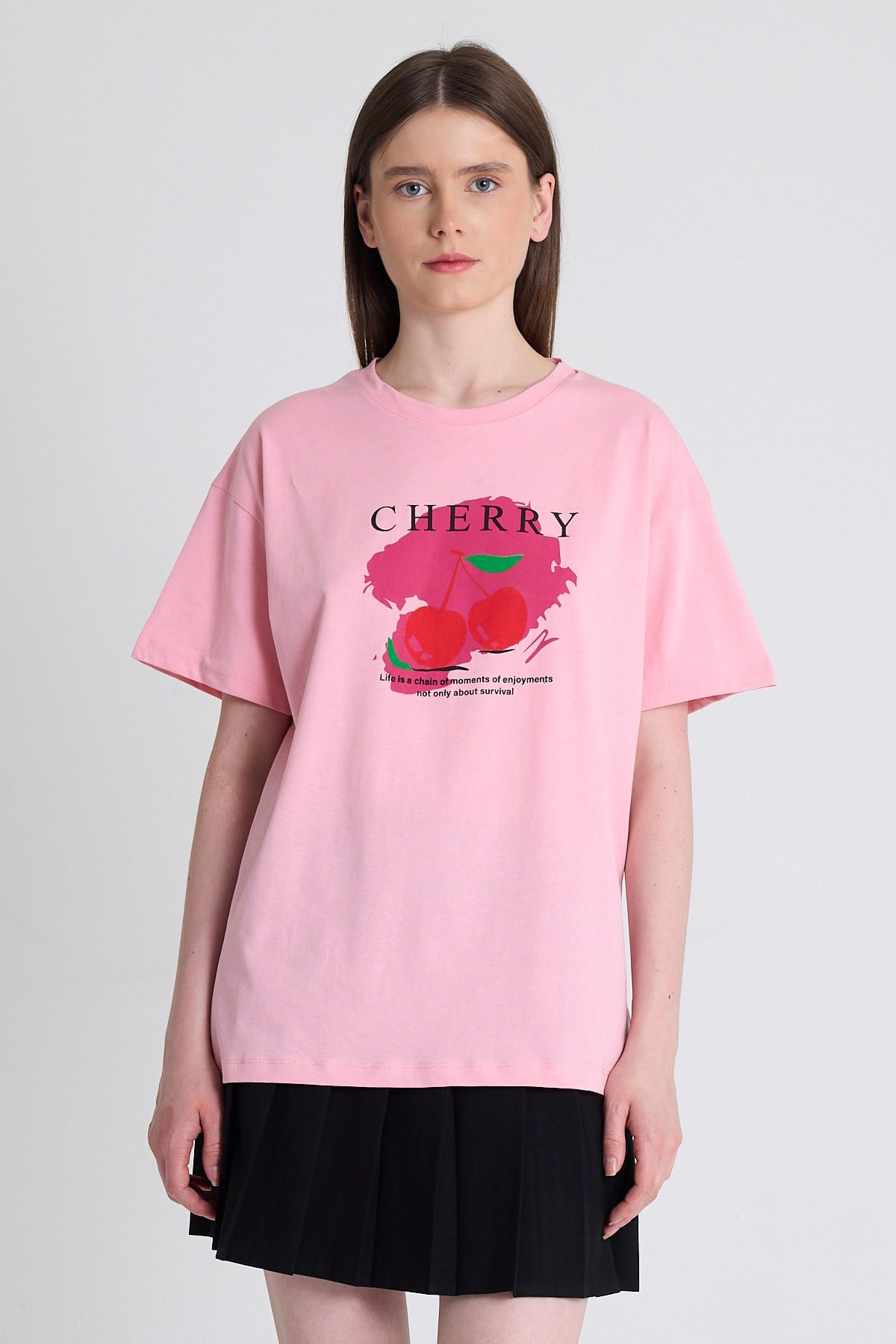 Pembe %100 Pamuk Yazı Baskılı Tişört 2150-15M
