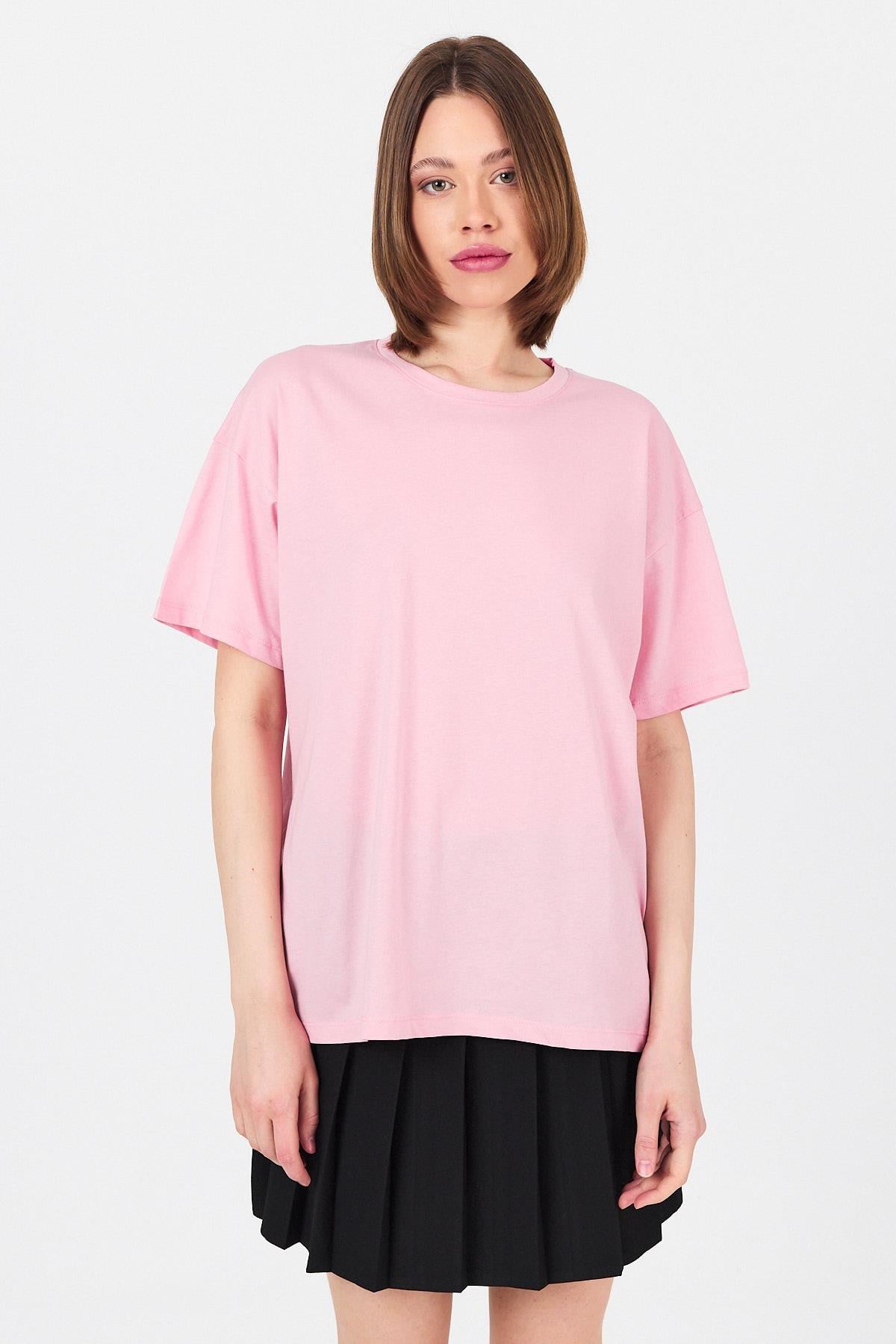 Pembe Arka Yazı Baskılı Kalpli %100 Pamuk Oversize Tişört 2150-33M