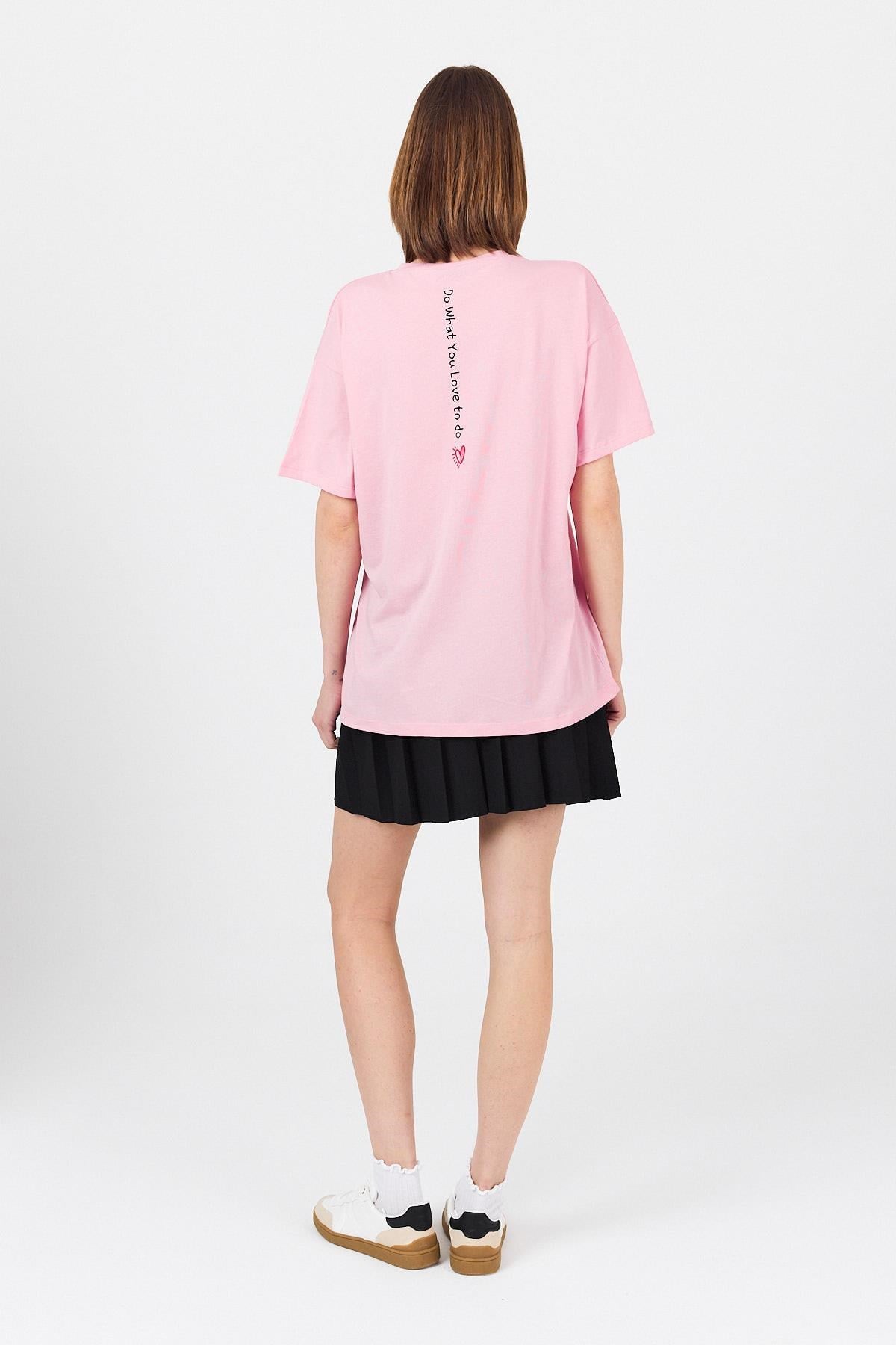 Pembe Arka Yazı Baskılı Kalpli %100 Pamuk Oversize Tişört 2150-33M