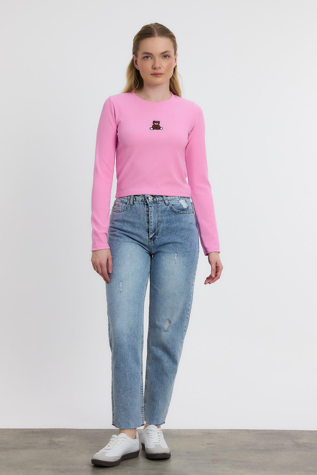 Pembe Ayıcık Nakışlı Bisiklet Yaka Bluz 2200