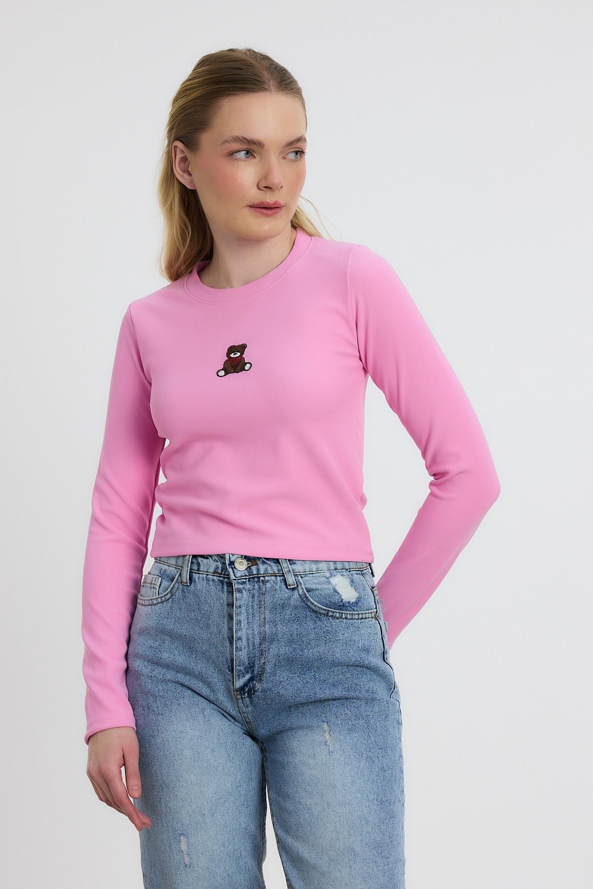 Pembe Ayıcık Nakışlı Bisiklet Yaka Bluz 2200