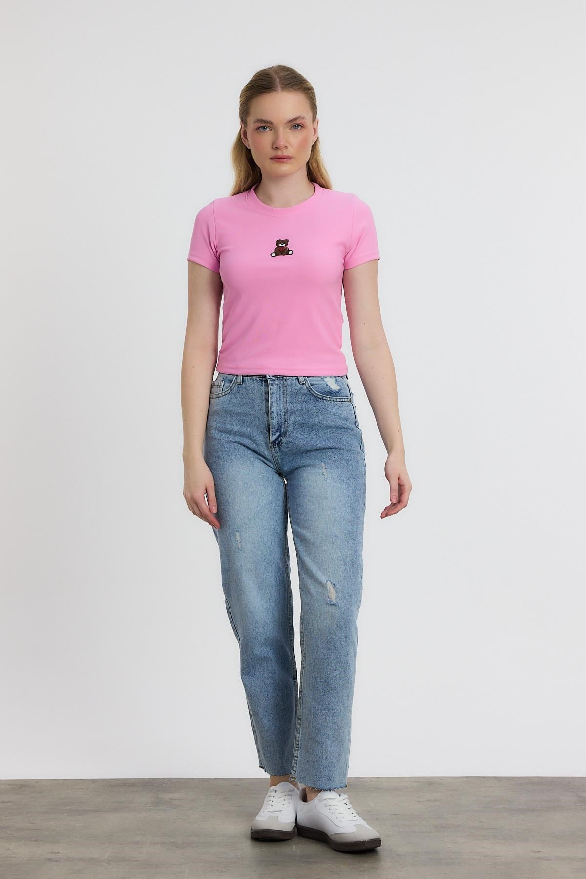 Pembe Ayıcık Nakışlı Kısa Kol Bluz 2199